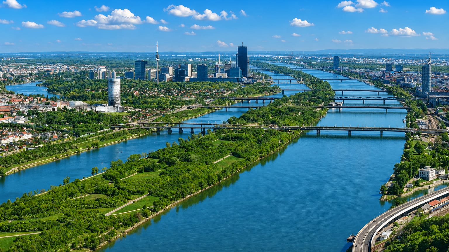 Aerial of the Danube through Vienna near Döbling with bridges, green islands and the Donau City skyline beyond