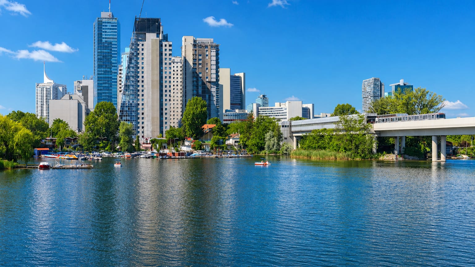 The DC Tower and Donau City high-rises rising above the Alte Donau waterfront with boats in Donaustadt, Vienna.