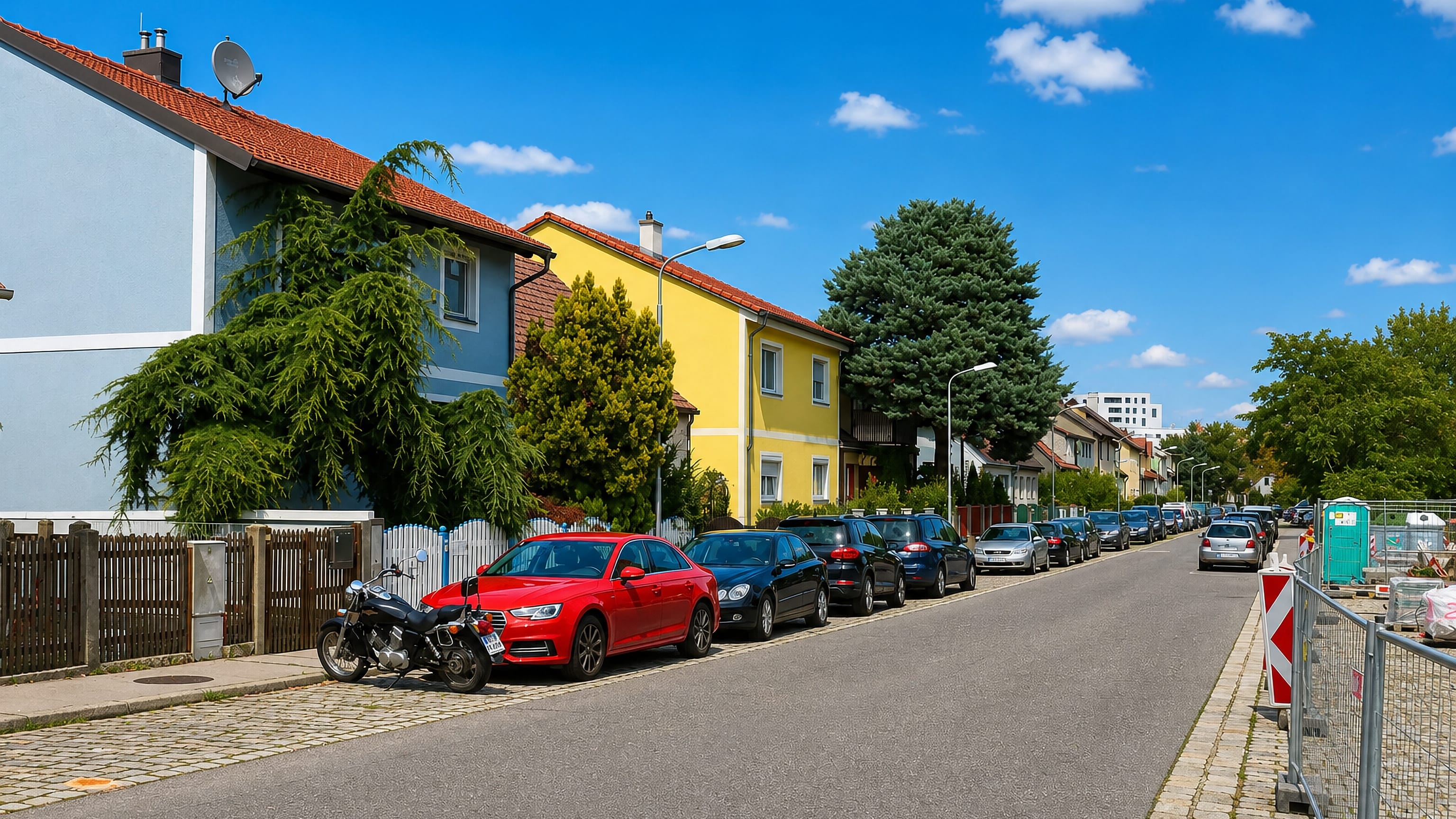 Quiet residential street of single-family houses in Jedlesee, a suburb in Vienna's Floridsdorf district.