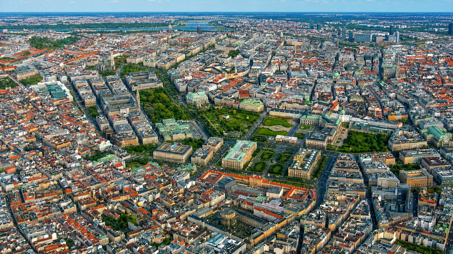 Aerial view of dense inner-Vienna blocks and a large green park in the Josefstadt district