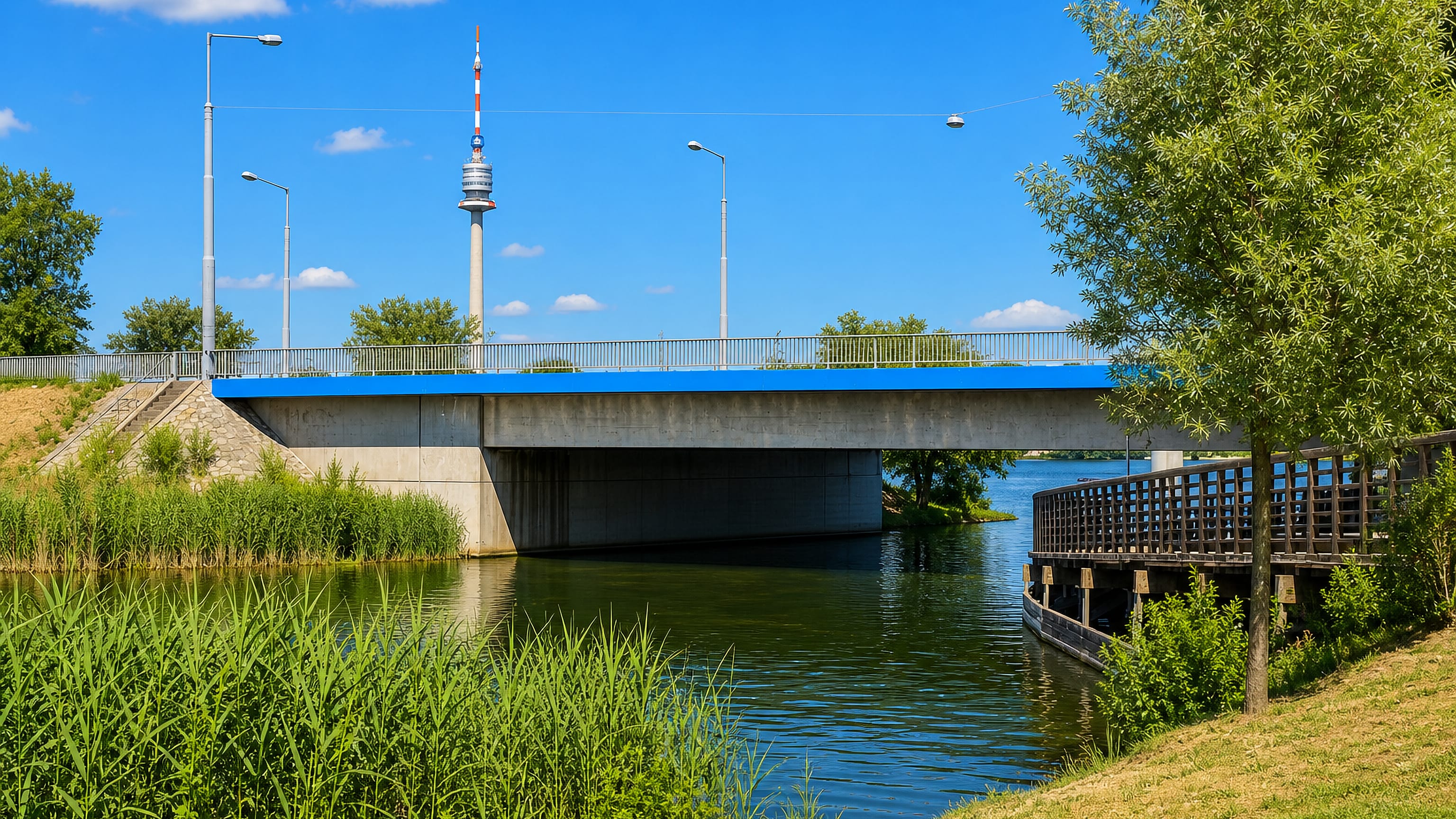 A road bridge over the Alte Donau at Kagran in Vienna, with the Danube Tower rising behind.