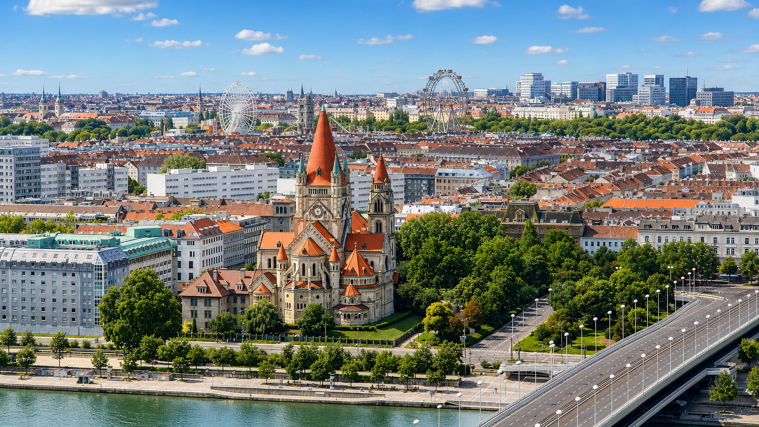 Leopoldstadt across the Danube, with the Mexikokirche, the Reichsbruecke and the Prater ferris wheel.