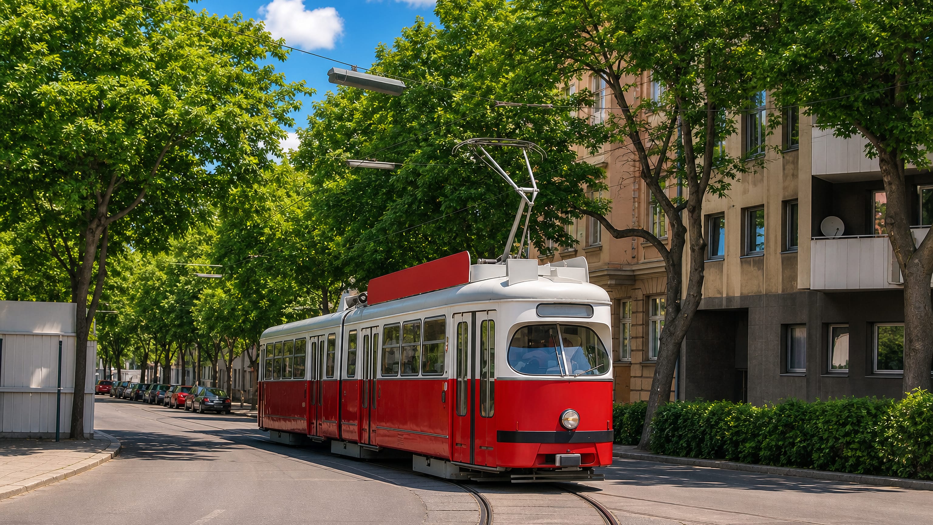 Red Vienna tram on a tree-lined street in Meidling, with apartment houses along the tracks.