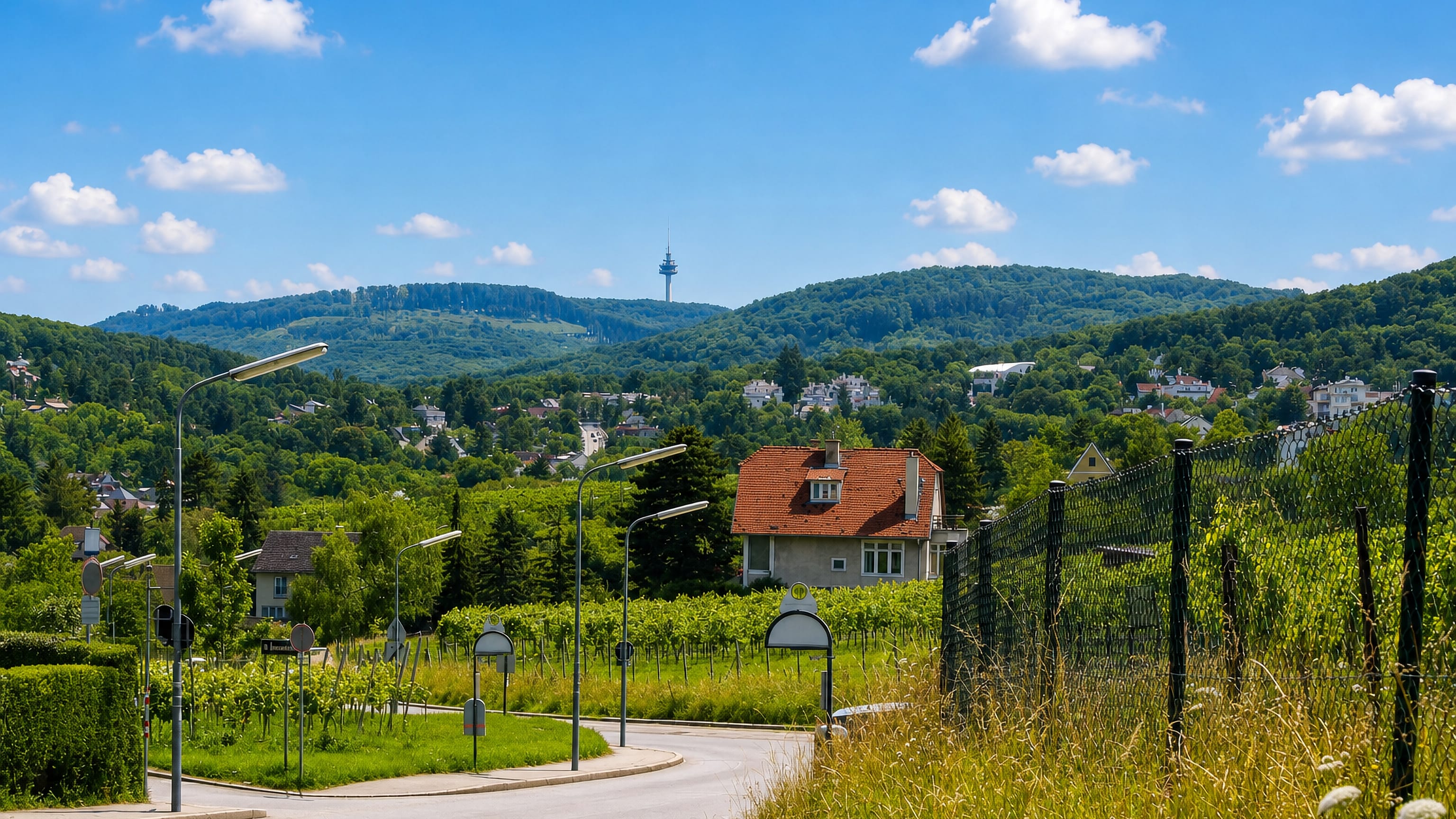 A lane through vineyards at Neustift am Walde on the Vienna Woods edge above the city's western hills.