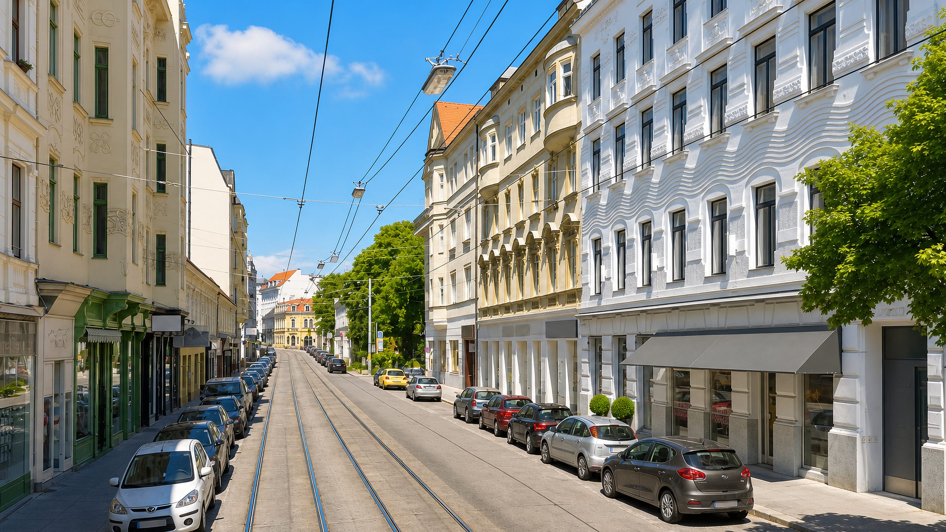 Tram tracks running between Gründerzeit apartment houses on a sunlit street in Oberdöbling, Vienna.