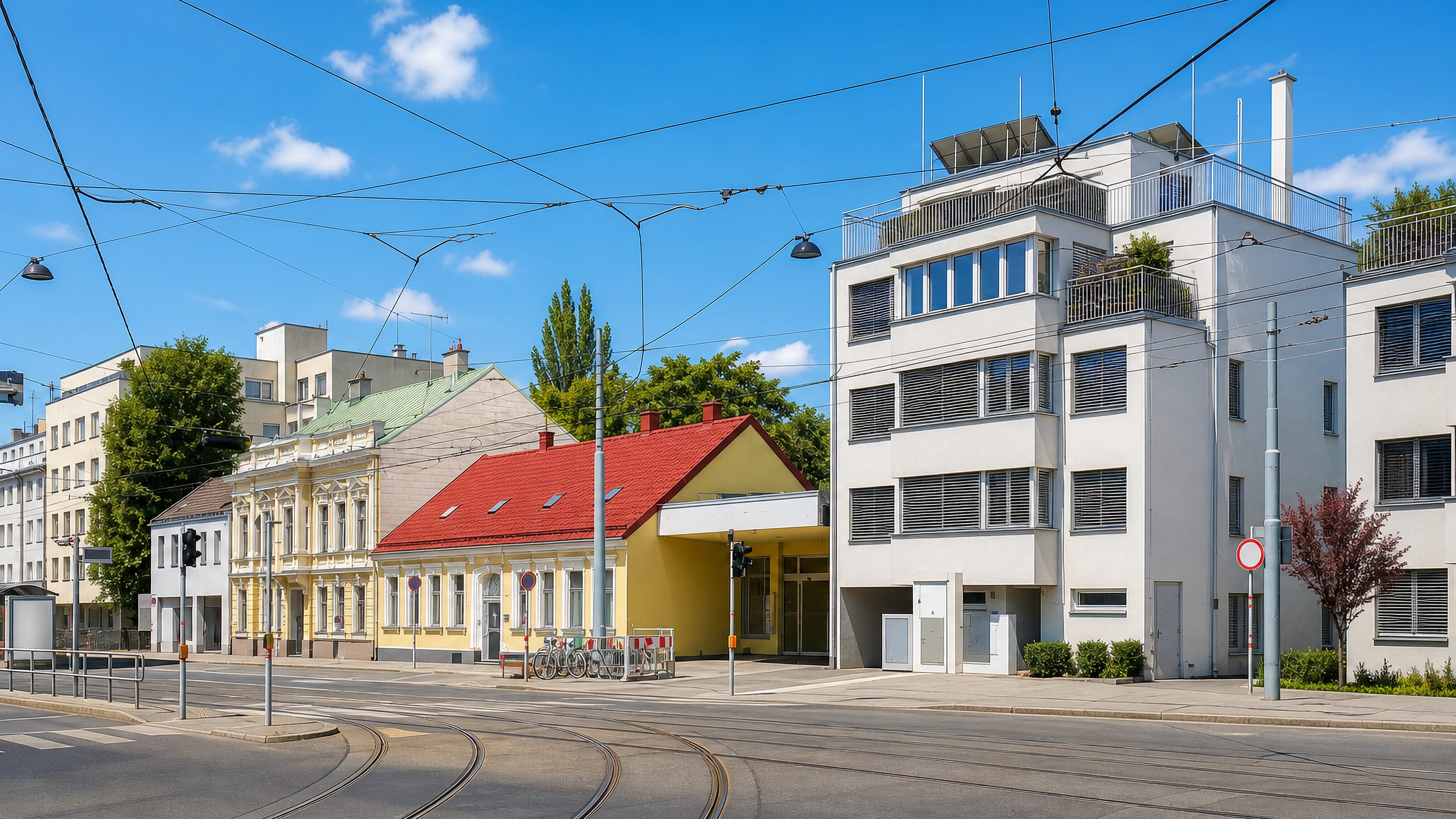 Tram tracks curving past a red-roofed pavilion and pastel houses in Speising, Vienna.