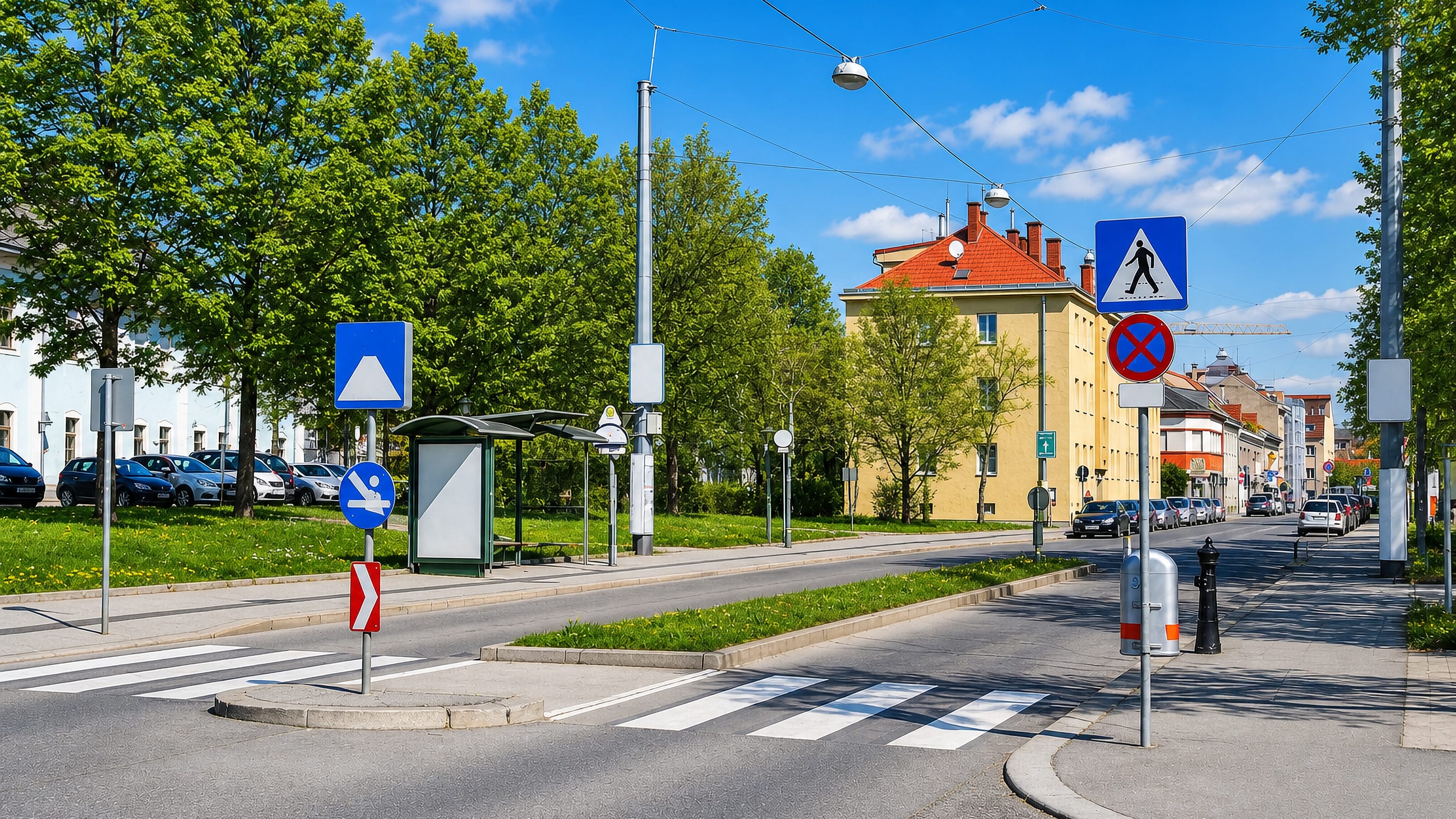 A tram stop and signposted crossing on a leafy residential street in Stadlau, Vienna's Donaustadt.