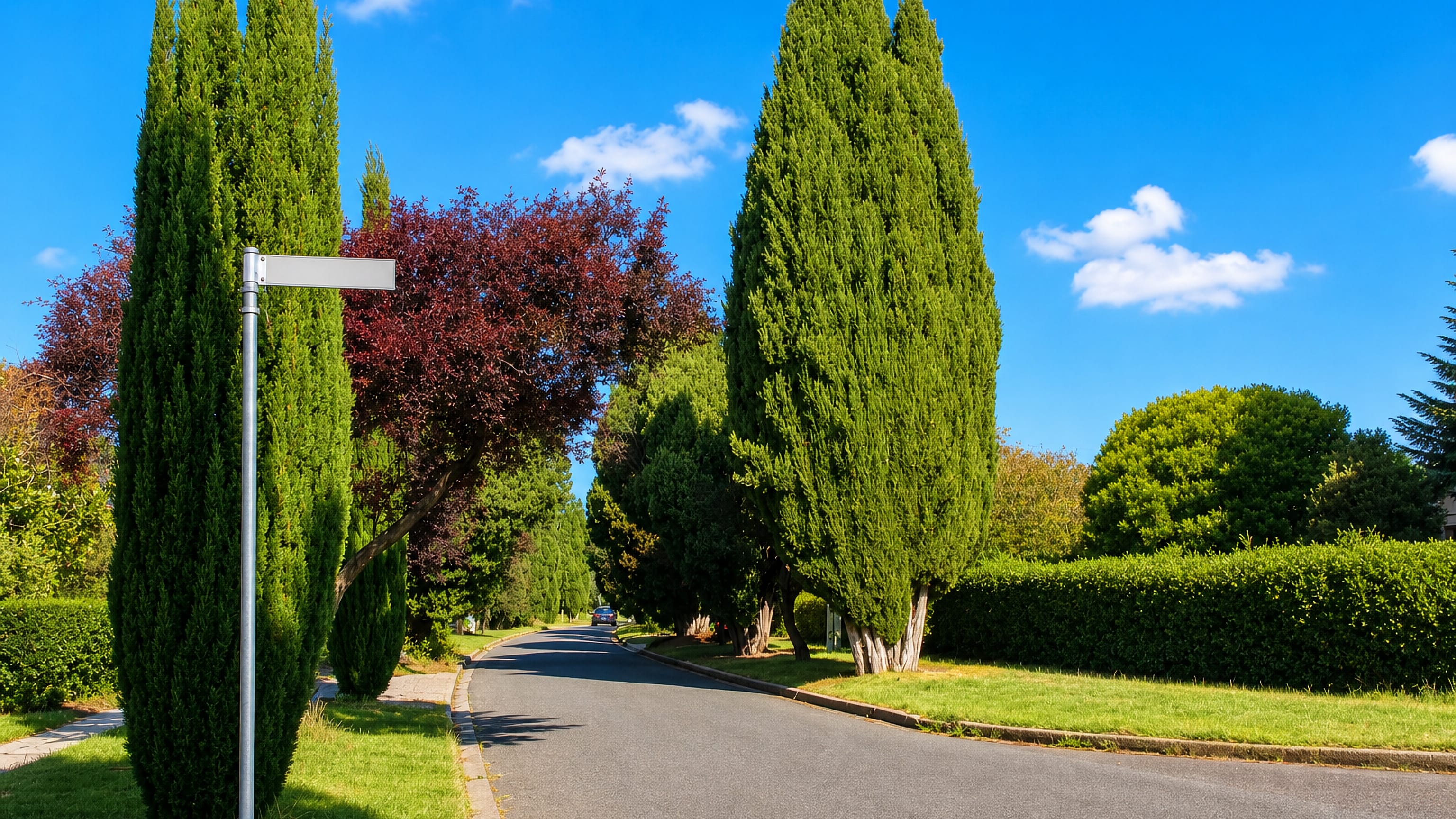 Cypress-lined suburban street with clipped hedges and lawns in Ainslie, an inner-north Canberra suburb.