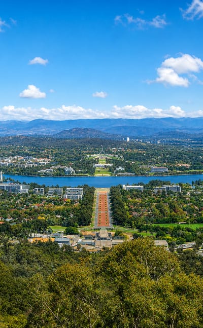 Canberra's land axis from Mount Ainslie down ANZAC Parade to Lake Burley Griffin and the Parliamentary triangle