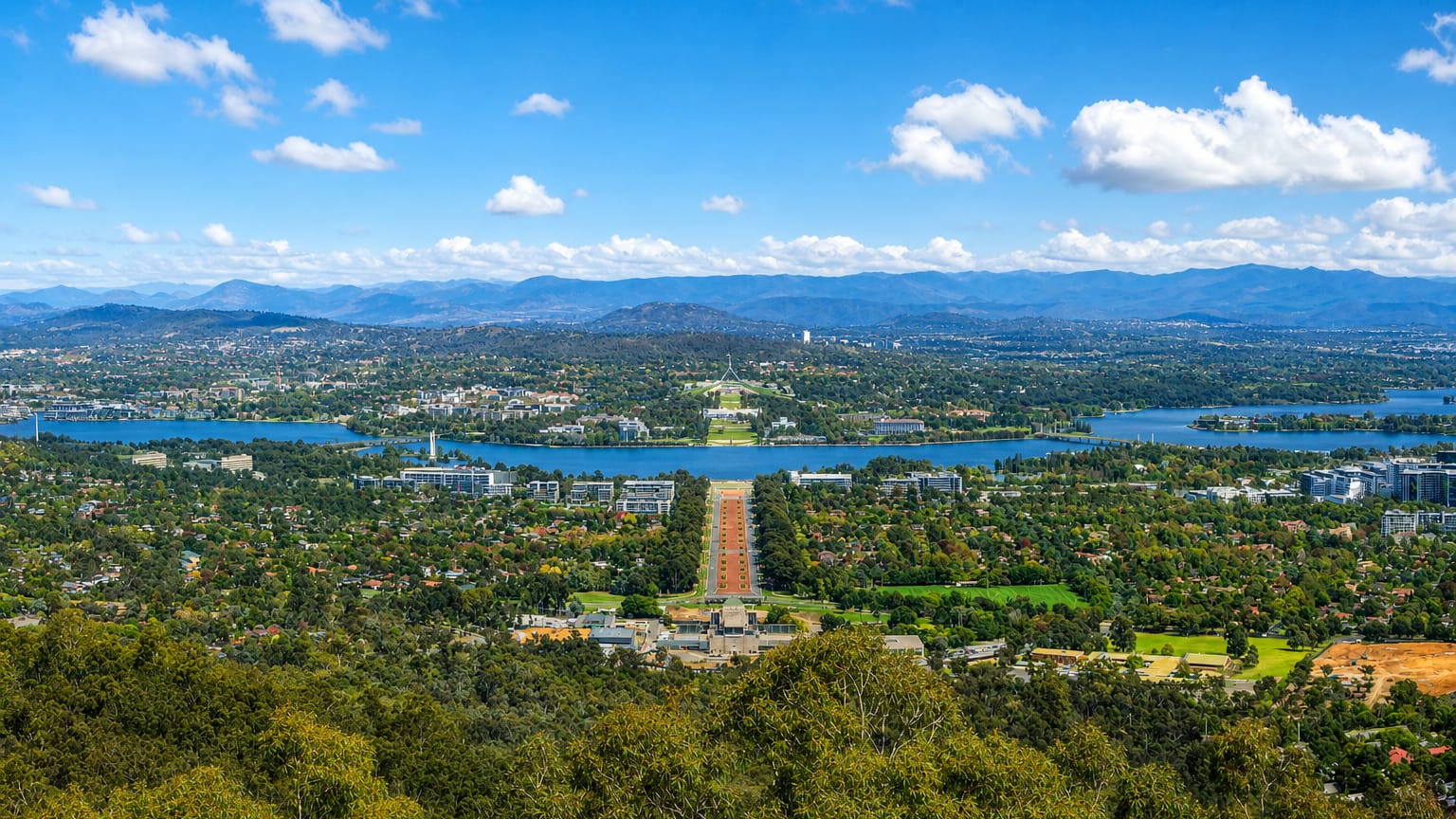 Canberra's land axis from Mount Ainslie down ANZAC Parade to Lake Burley Griffin and the Parliamentary triangle