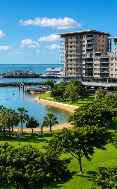 Darwin waterfront precinct, Northern Territory, with its recreation lagoon, parkland and harbourside apartments.