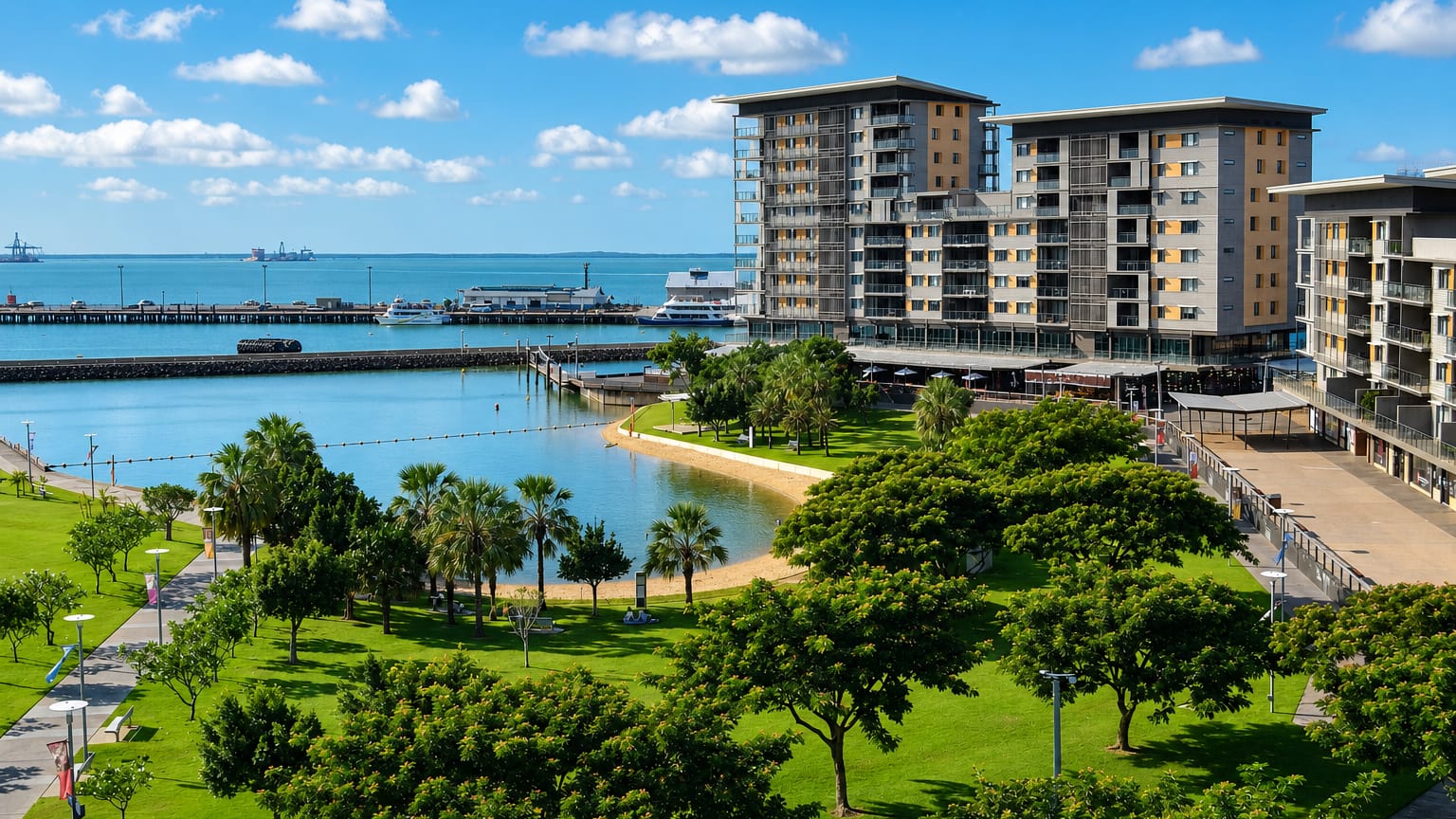 Darwin waterfront precinct, Northern Territory, with its recreation lagoon, parkland and harbourside apartments.