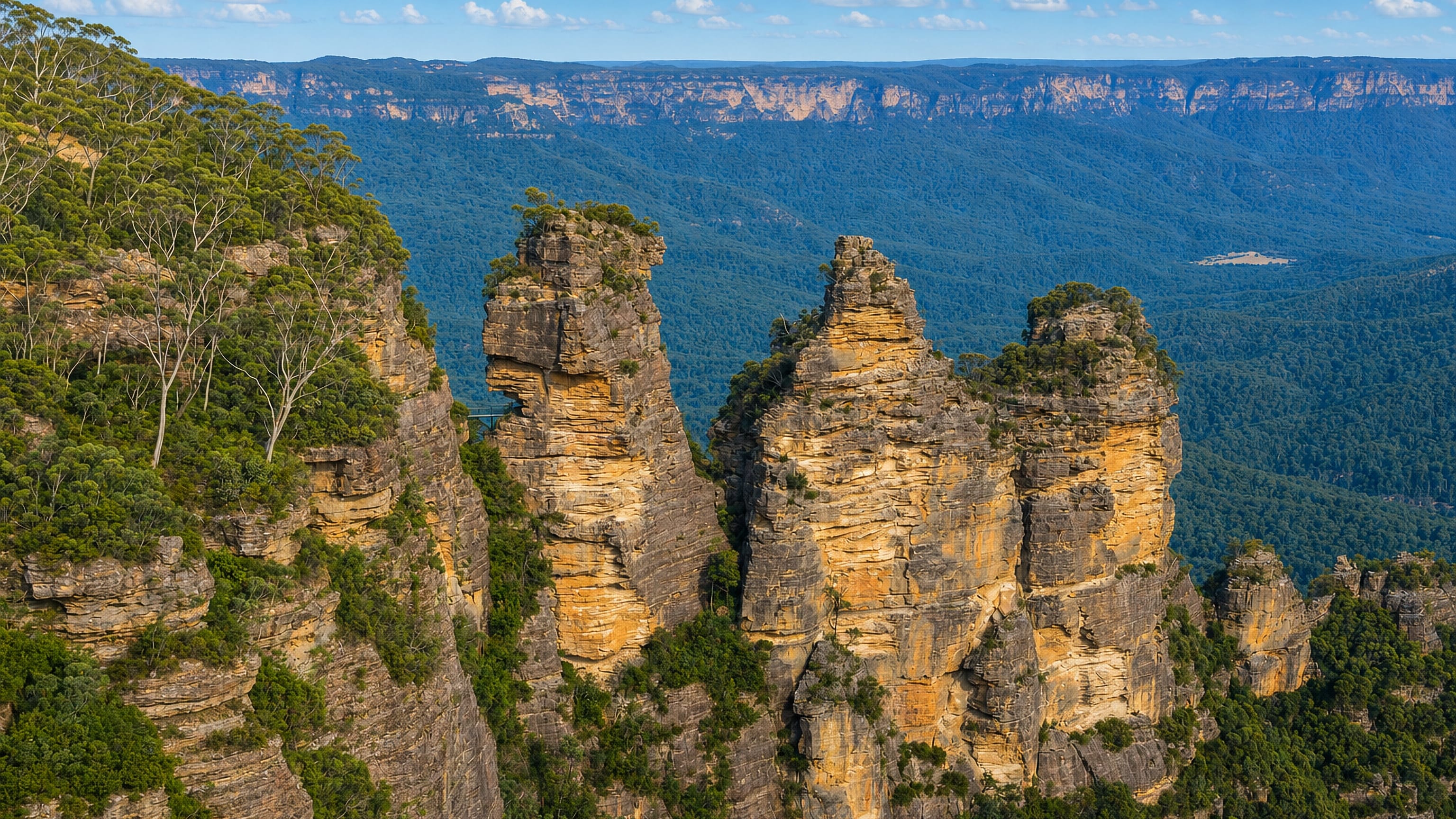The Three Sisters sandstone pinnacles above the forested Jamison Valley in the Blue Mountains, New South Wales.