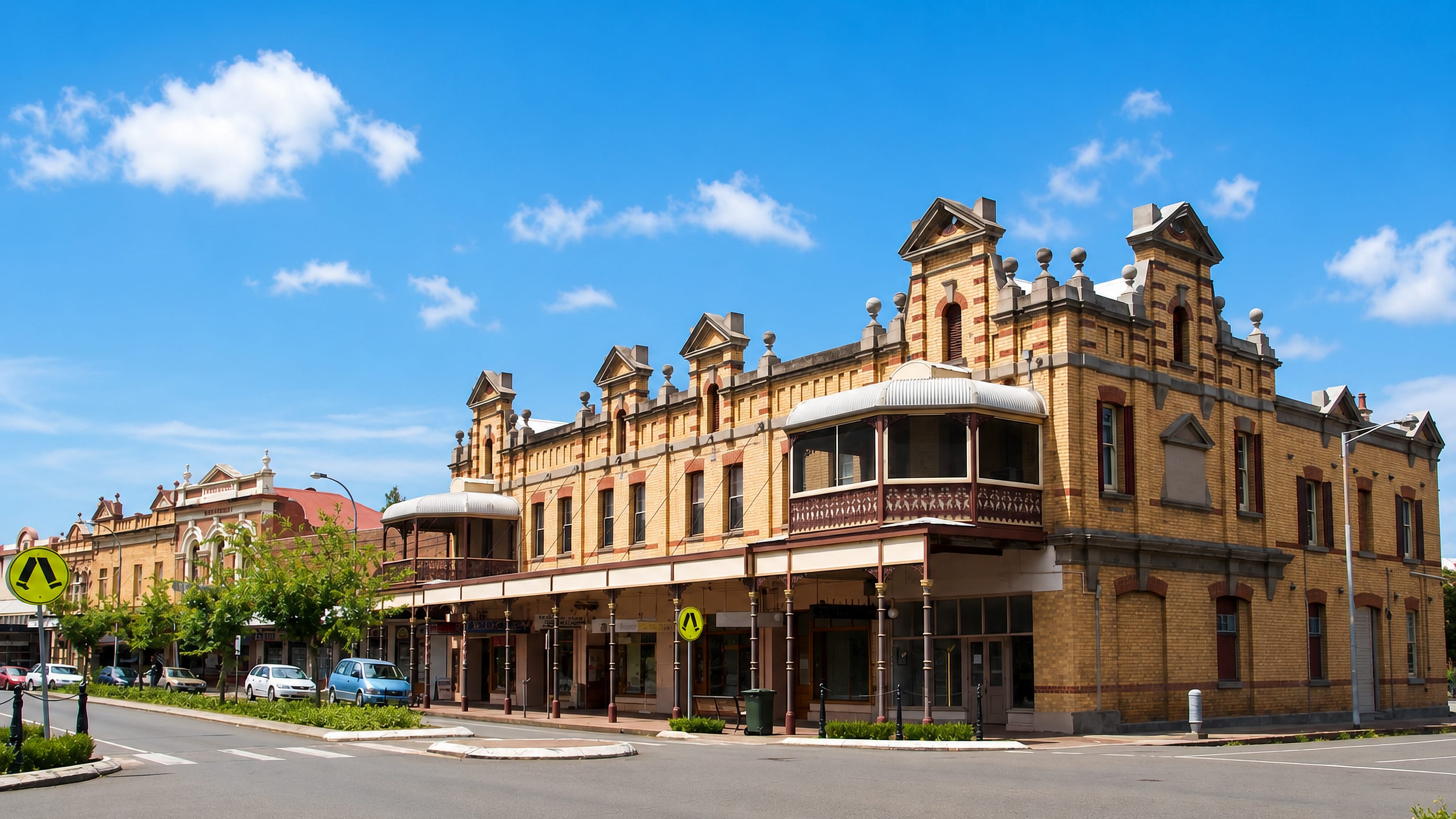 Victorian brick shopfronts with iron verandahs on a heritage street corner in Maitland, New South Wales.