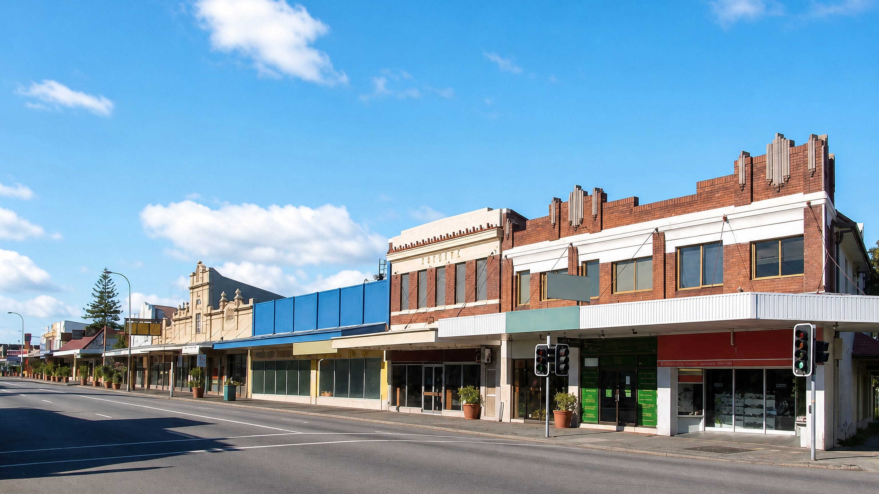 Row of heritage shopfronts and an art deco brick facade on the main commercial strip in Mayfield, Newcastle.