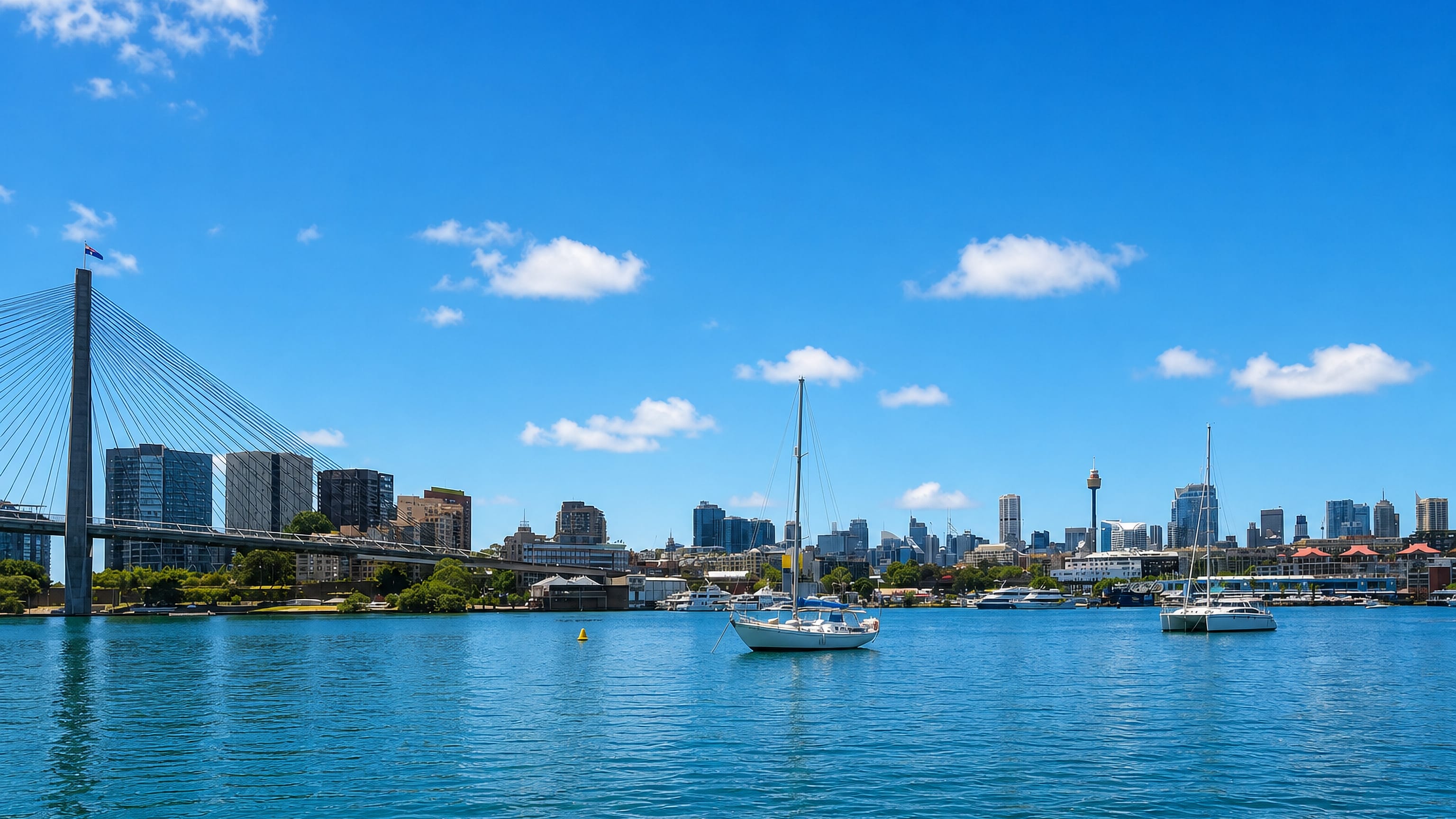 Anzac Bridge and Sydney's CBD skyline across Blackwattle Bay from Glebe, with moored yachts.