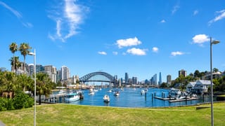 Sydney Harbour Bridge and the city skyline across the harbour, with moored boats and a grassy foreshore in Sydney.