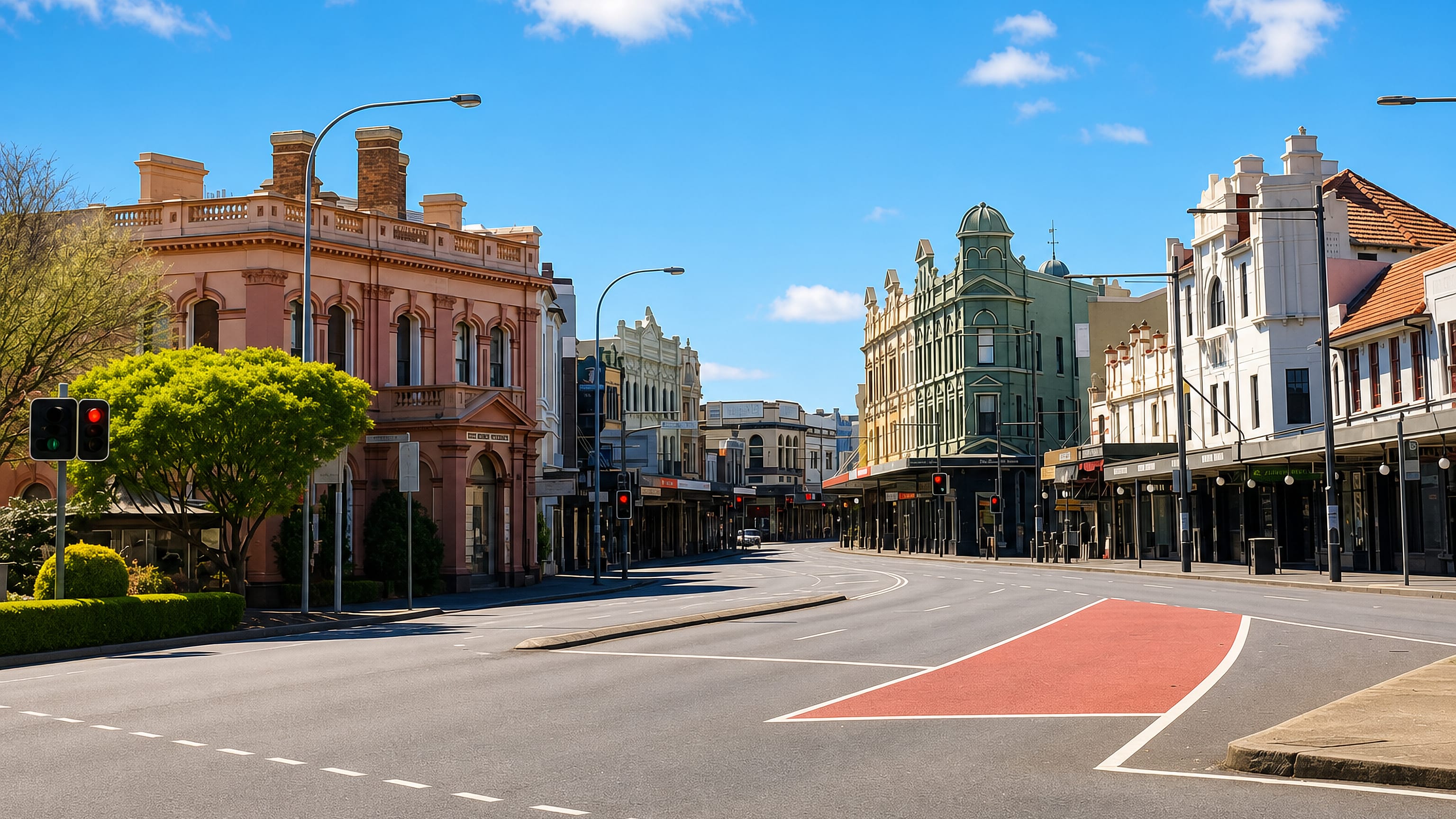 Victorian shopfronts and a wide bus-lane street through Newtown, an inner-west Sydney suburb, under clear sky.