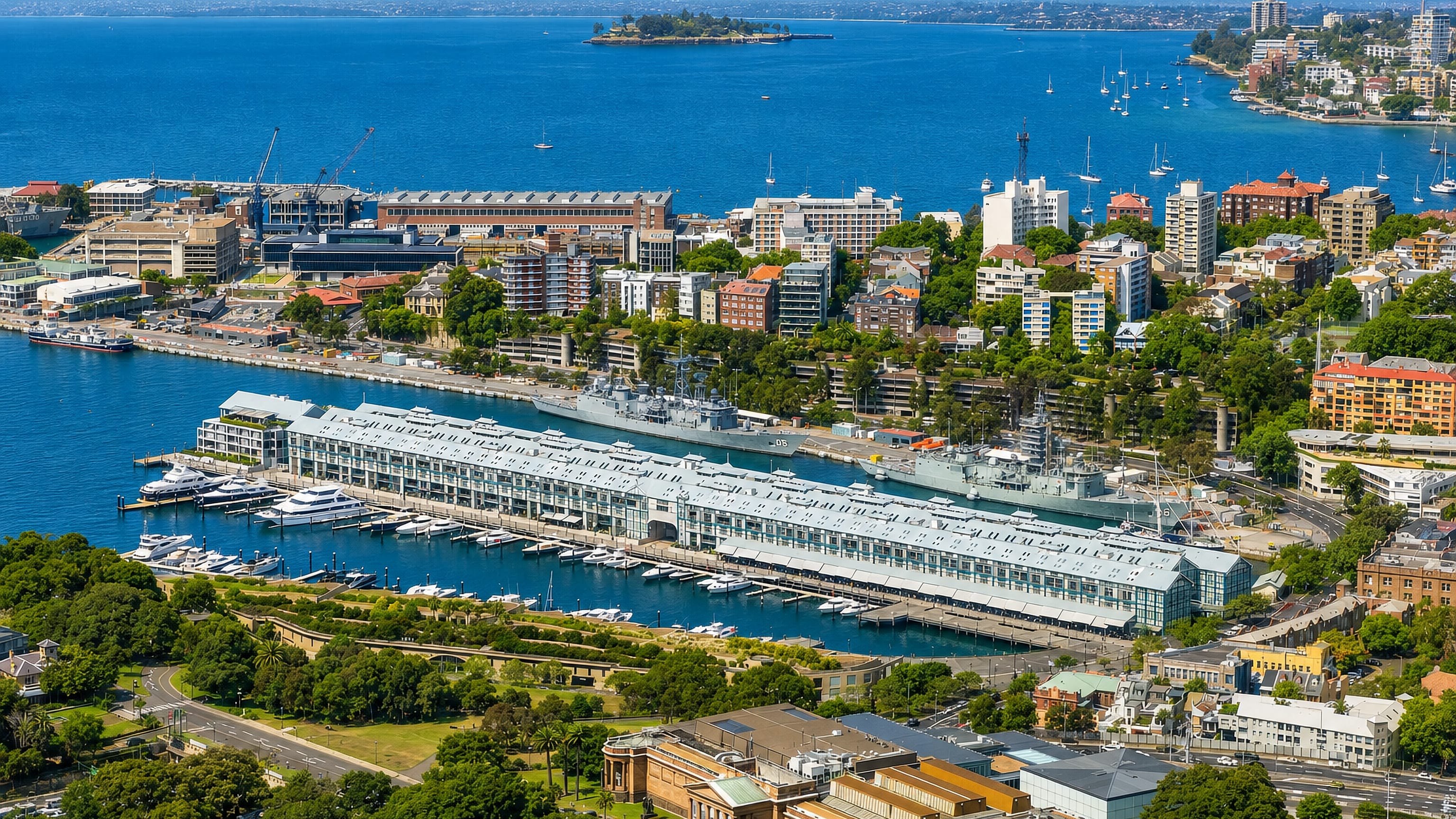 Woolloomooloo Bay's finger wharf, navy ships and harbourside apartment blocks below Potts Point, Sydney.