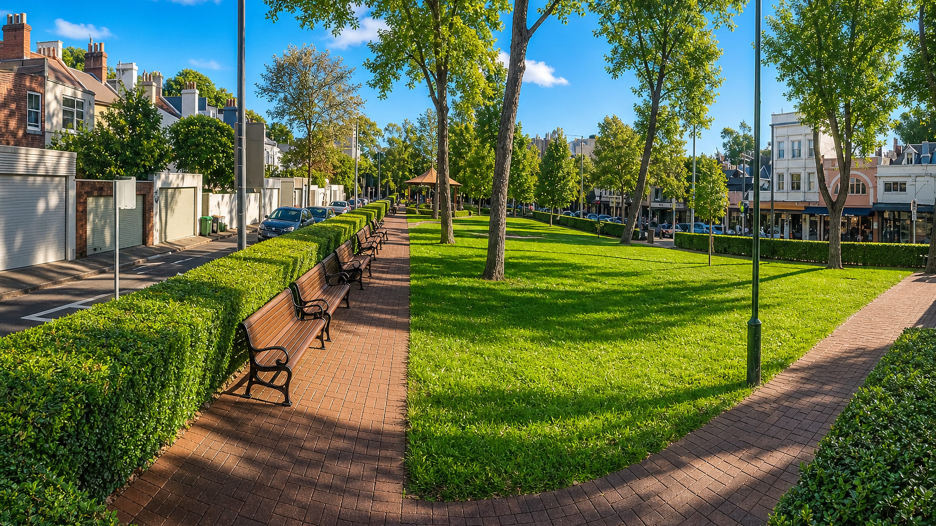 A tree-shaded park median with benches runs between terraces and shopfronts in Surry Hills, Sydney.