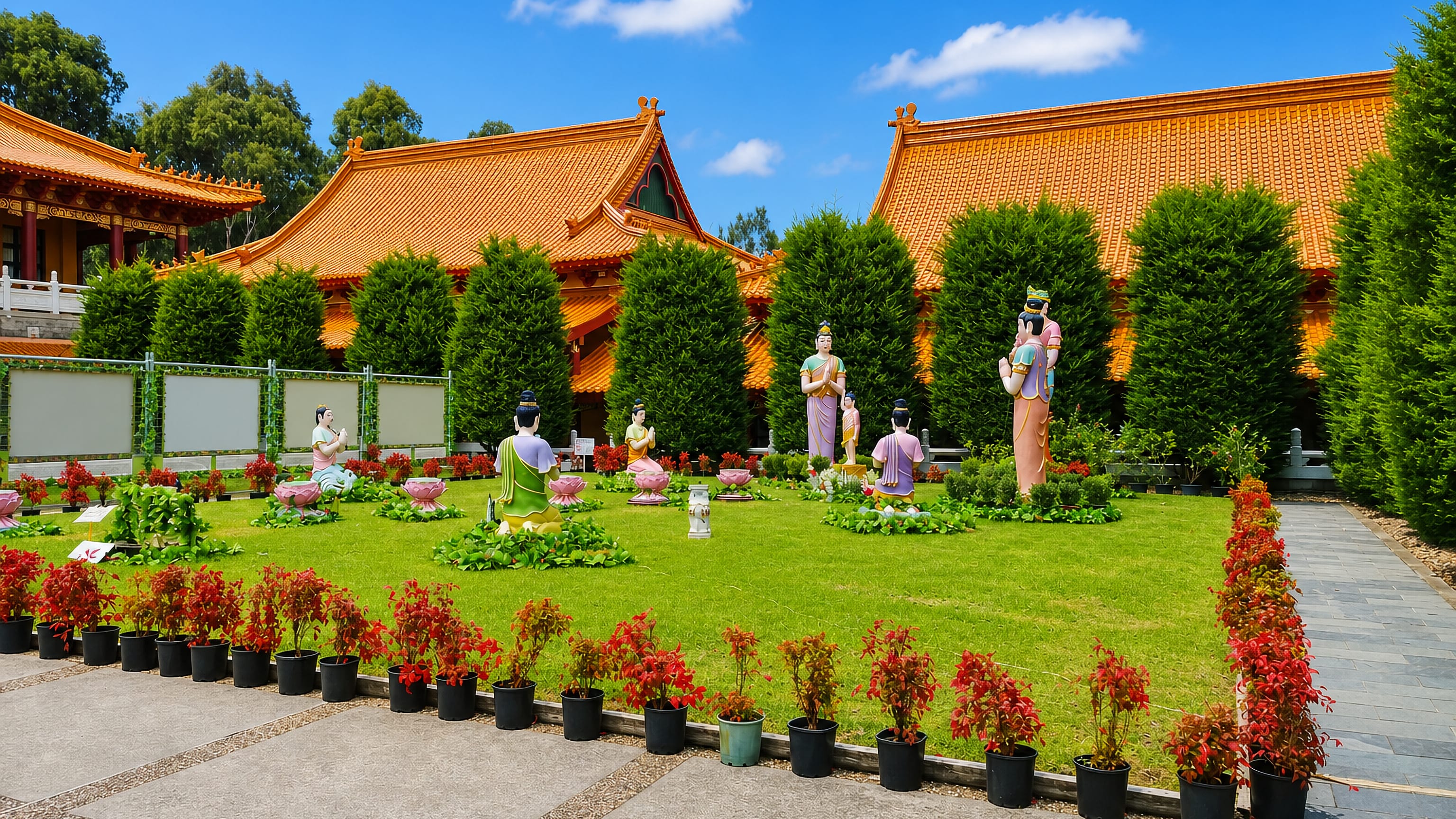 Nan Tien Temple's orange-tiled halls and statue garden in Berkeley, Wollongong.