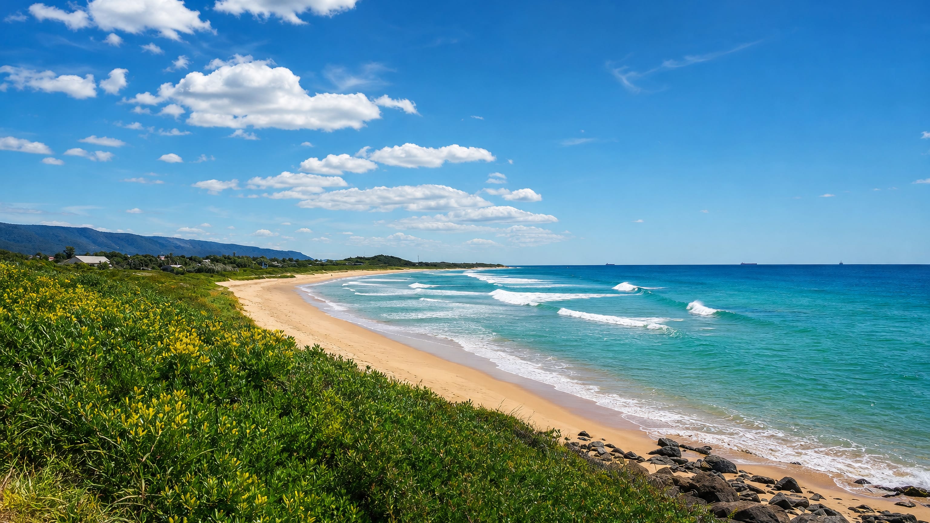 Surf breaking on Corrimal Beach north of Wollongong, with the Illawarra escarpment rising behind the dunes