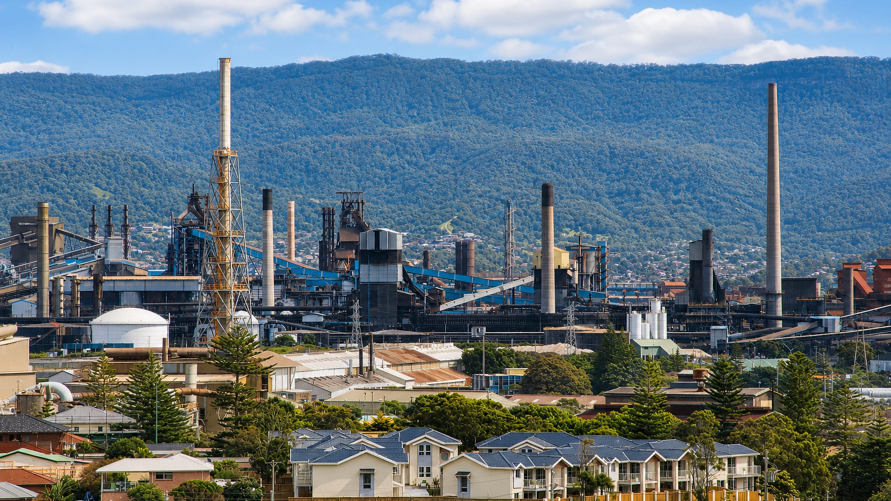 Port Kembla steelworks and chimneys rise behind suburban rooftops below the Illawarra escarpment, Wollongong.