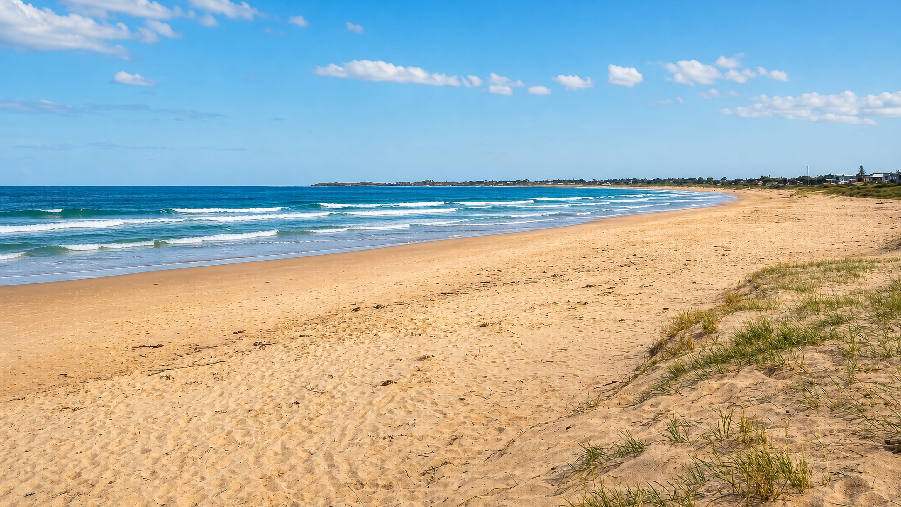 Wide sandy surf beach with dunes and rolling waves at Woonona on the Wollongong coast, New South Wales.