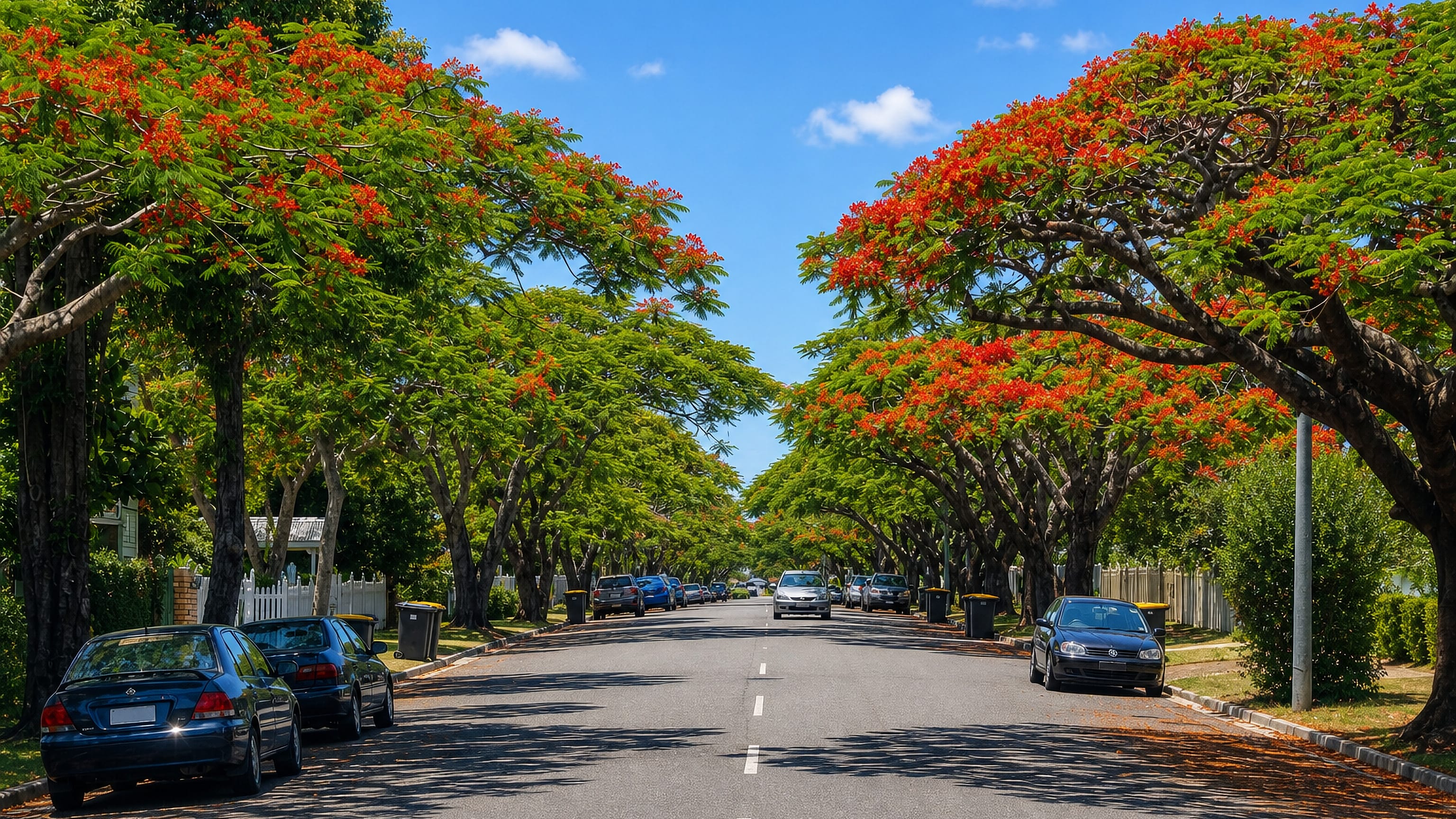 Poinciana trees in flower arching over a quiet residential street in Ascot, Brisbane.