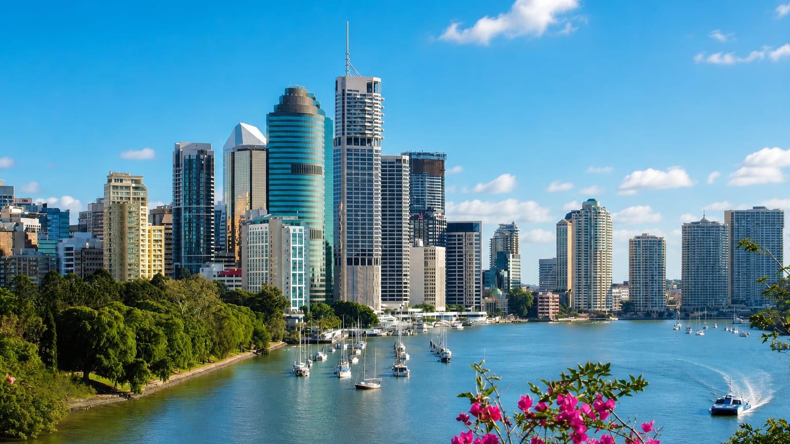 Brisbane central business district skyline rising above the Brisbane River, with moored sailboats and bougainvillea in the foreground