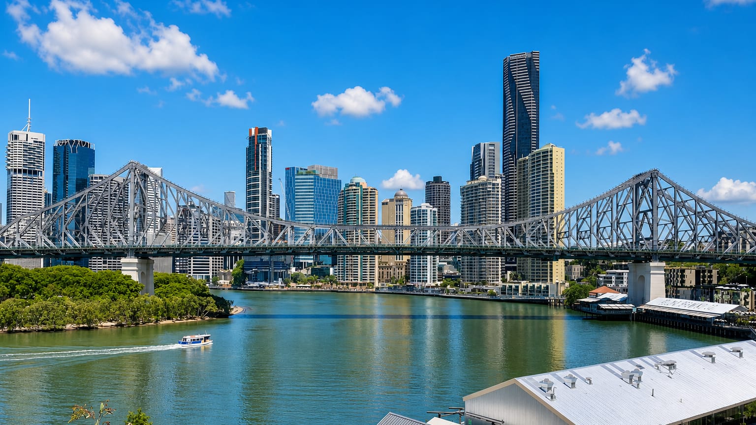 Brisbane's Story Bridge spanning the river with the CBD skyline behind, near Fortitude Valley.