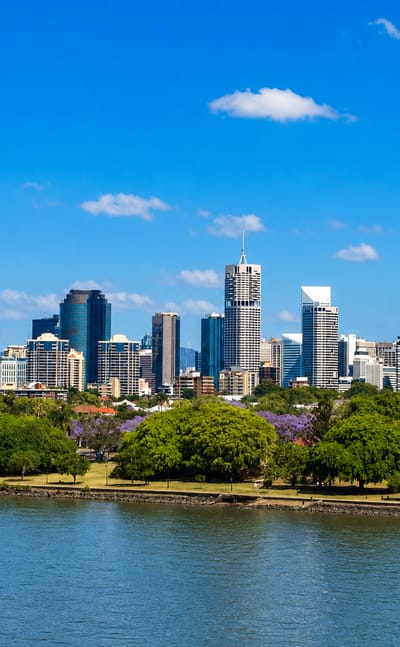 Brisbane CBD skyline across the river from New Farm, with jacaranda trees blooming in a riverside park.