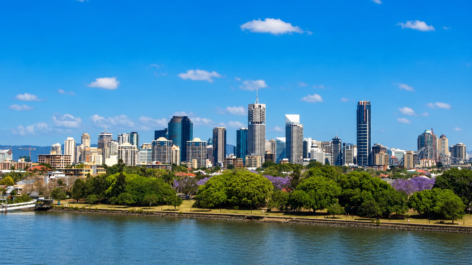 Brisbane CBD skyline across the river from New Farm, with jacaranda trees blooming in a riverside park.