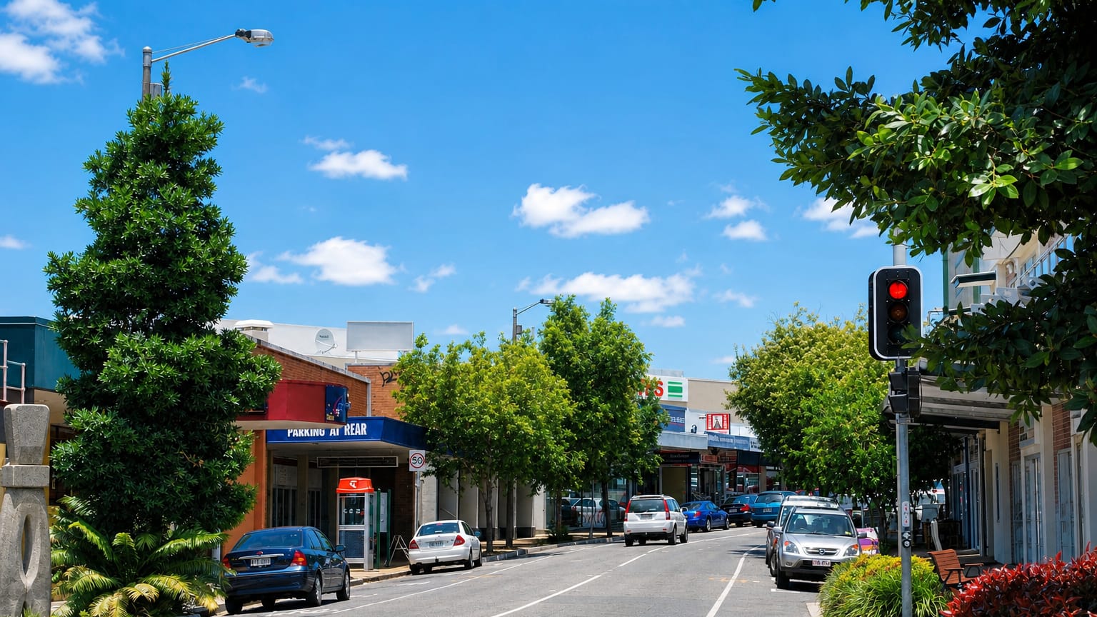 Tree-lined shopping street with shopfronts and parked cars in the Brisbane suburb of Nundah.