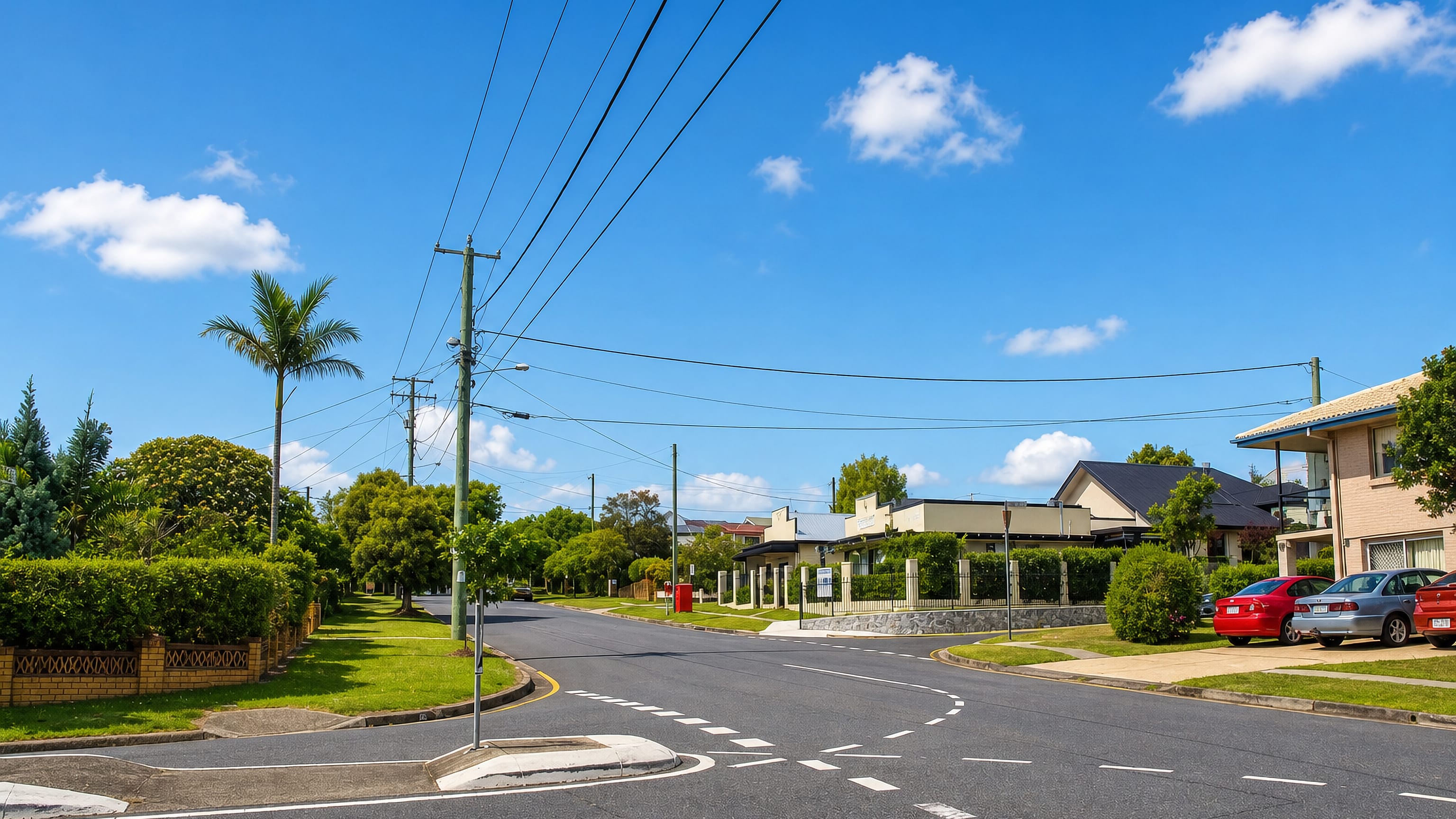 Quiet suburban street corner with palm trees, low-set houses and power lines in Wavell Heights, Brisbane.
