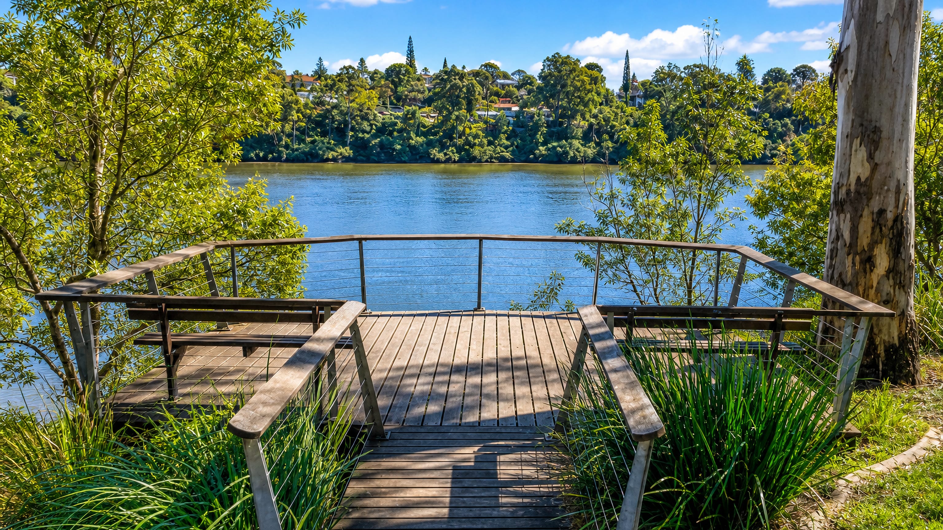 Timber viewing deck and boardwalk overlooking the Brisbane River from Yeronga, with wooded far bank.