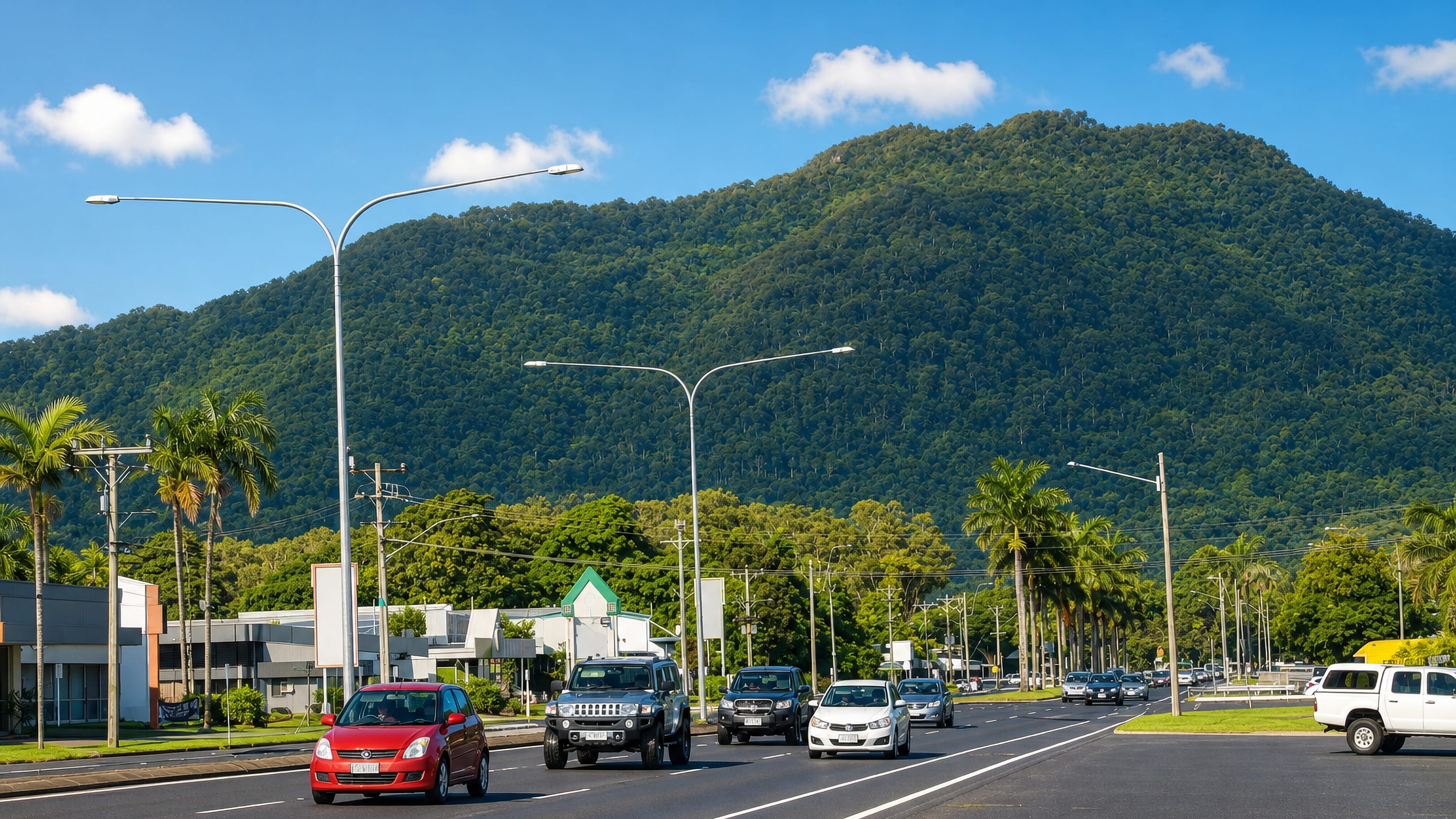 Palm-lined arterial road through Manunda in Cairns, with the rainforest-clad range rising close behind.