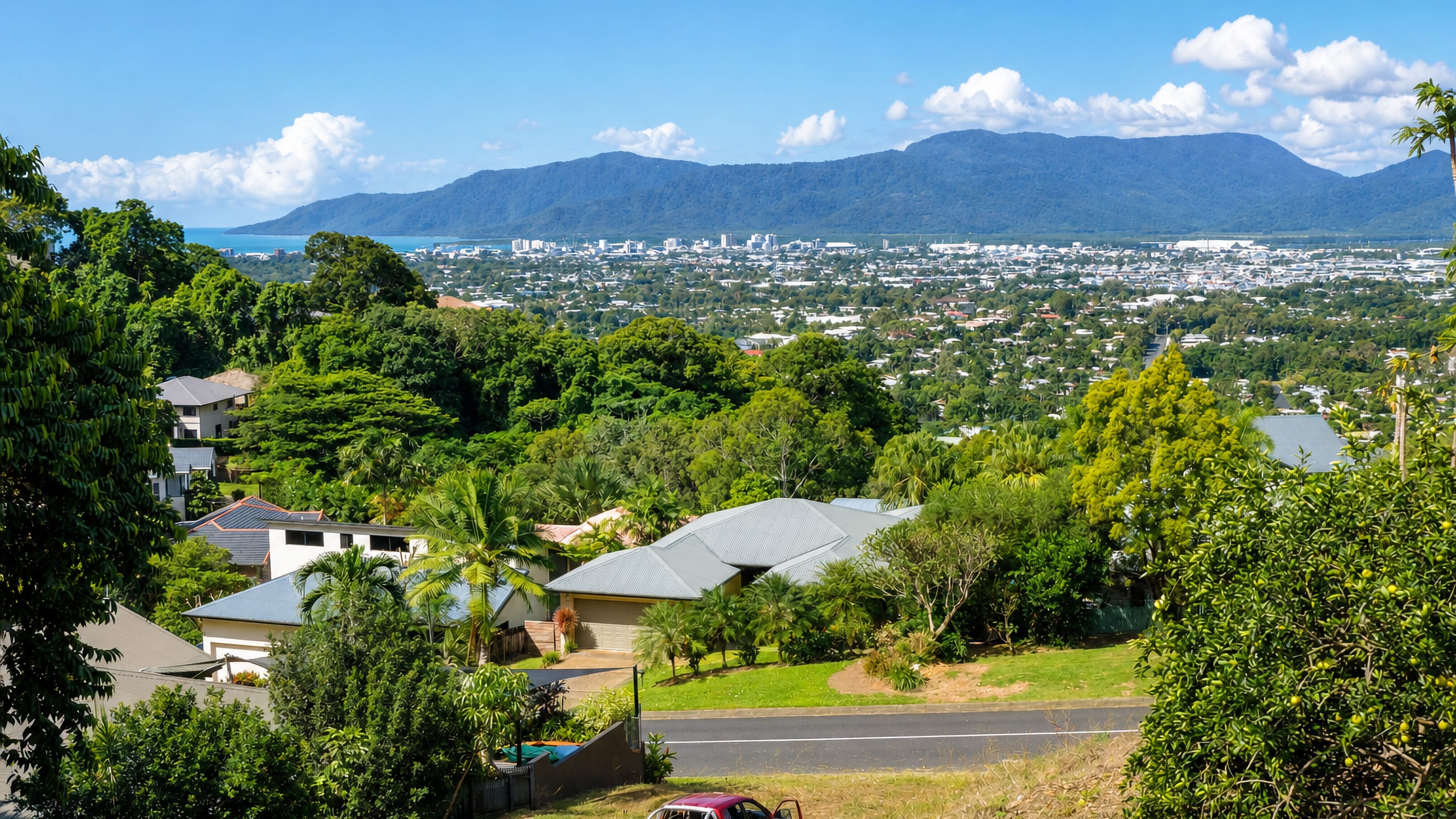 Hillside houses in Mooroobool looking over Cairns, Trinity Bay and the coastal ranges.
