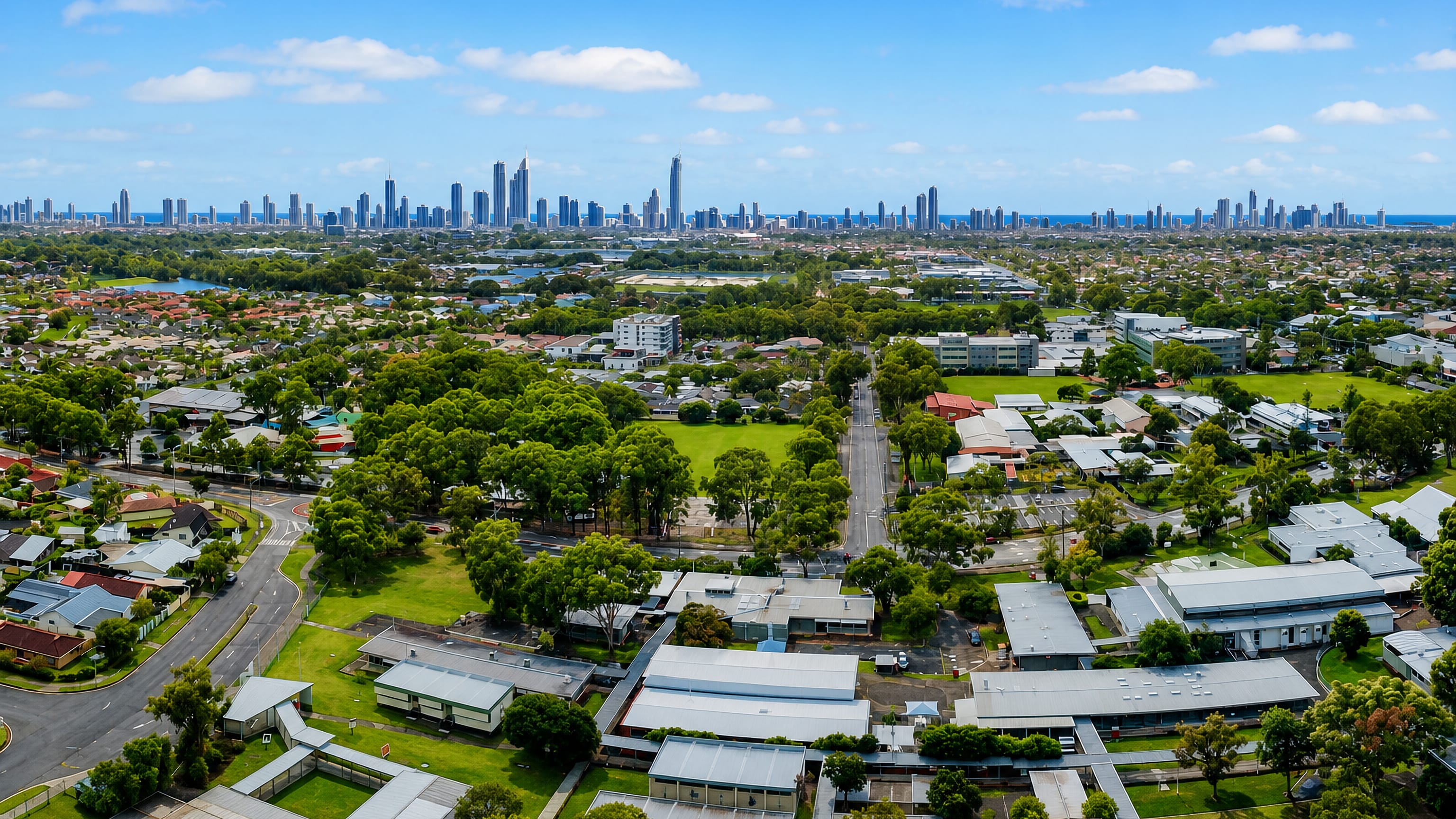 Benowa on the Gold Coast: leafy low-rise suburb and playing fields with the Surfers Paradise skyline and sea beyond.