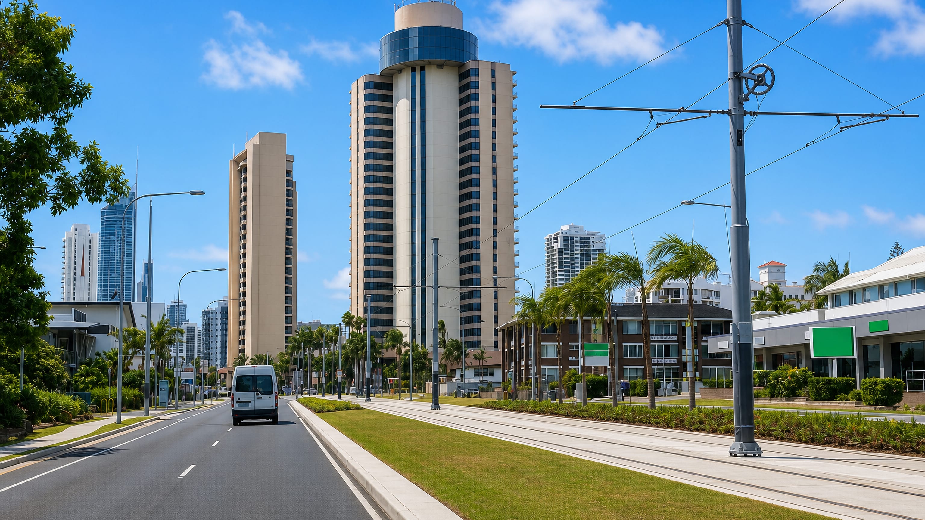 Tram tracks and high-rise towers along the Gold Coast Highway through Broadbeach, Queensland.