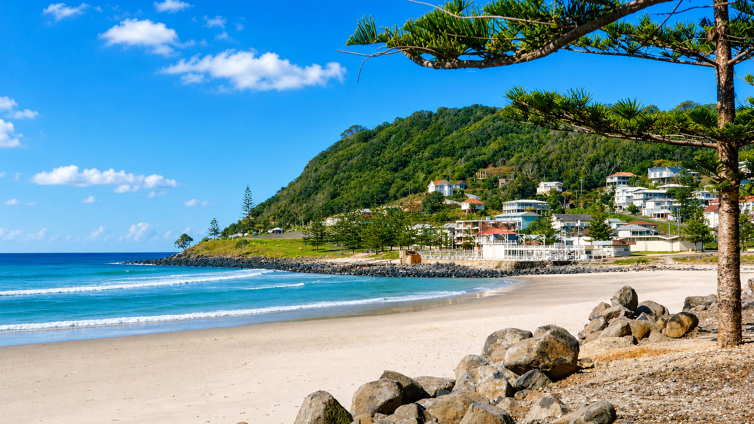 Burleigh Heads beach curving toward its forested headland, with Norfolk pines and hillside homes above the sand.