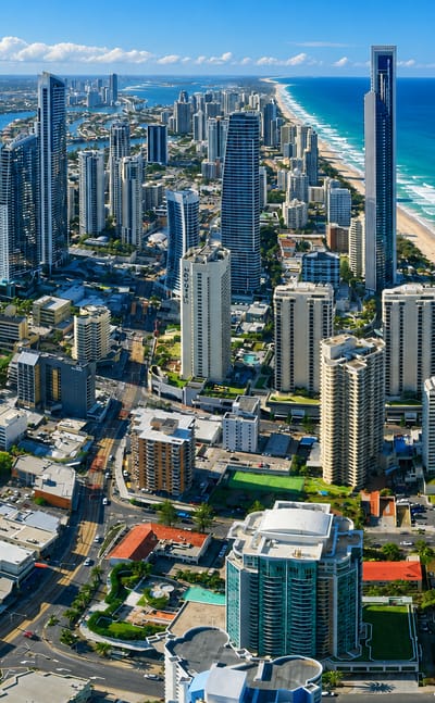 Aerial view of Gold Coast's Surfers Paradise high-rise strip and Q1 tower along the sweeping ocean beach