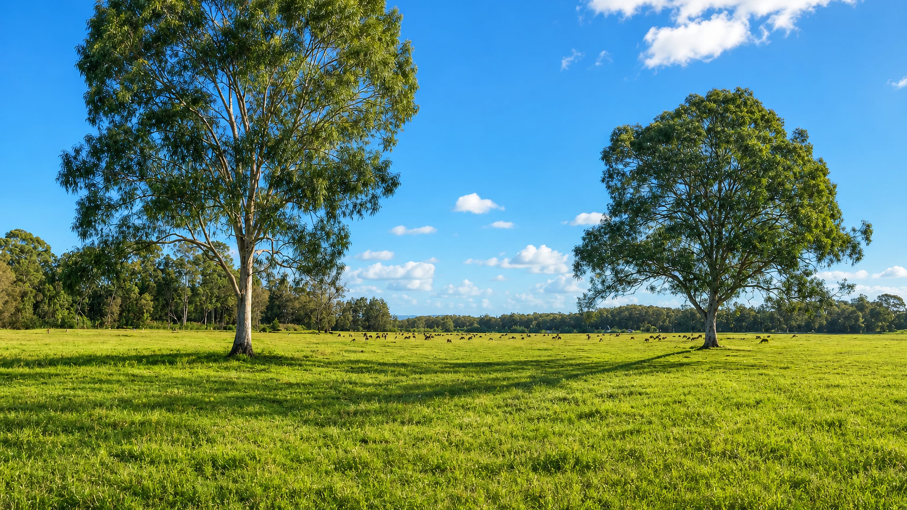 Kangaroos grazing on open grassland beneath eucalyptus trees at Coombabah on the Gold Coast.