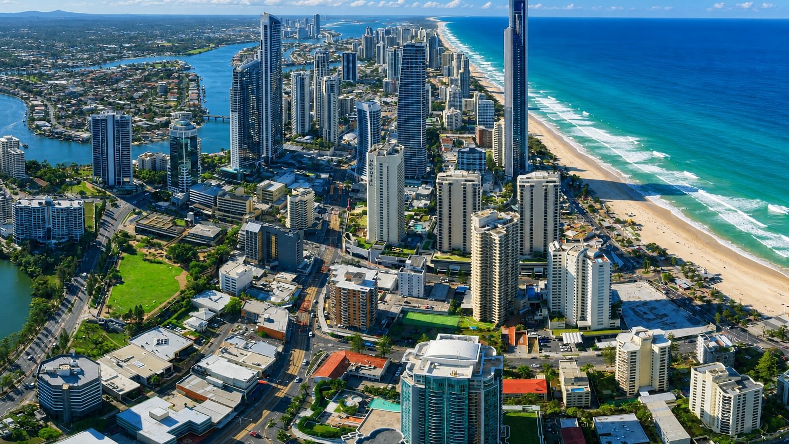 Aerial view of Gold Coast's Surfers Paradise high-rise strip and Q1 tower along the sweeping ocean beach