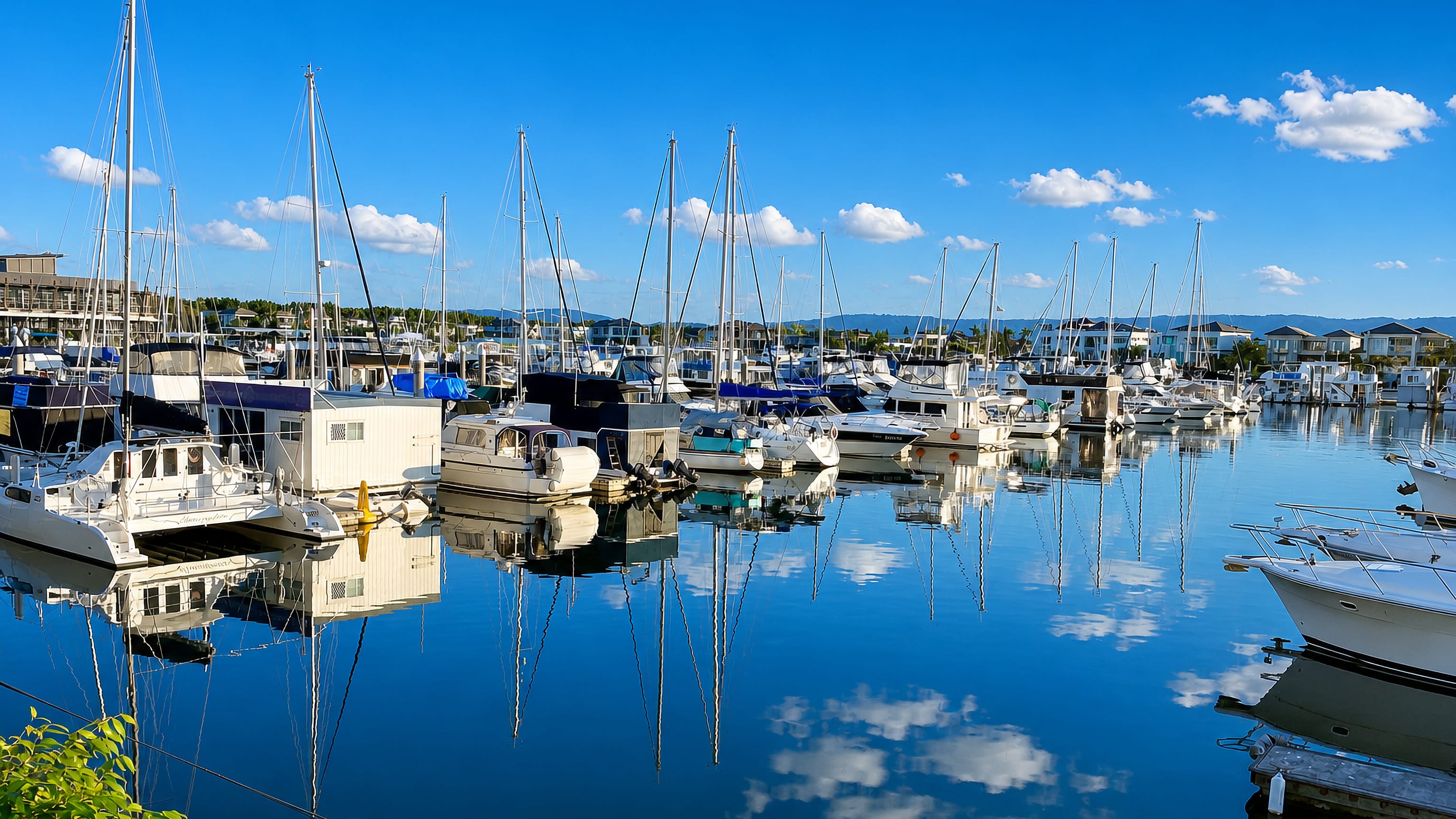 Yachts and houseboats moored at a calm Hope Island marina on the Gold Coast, hinterland hills beyond.