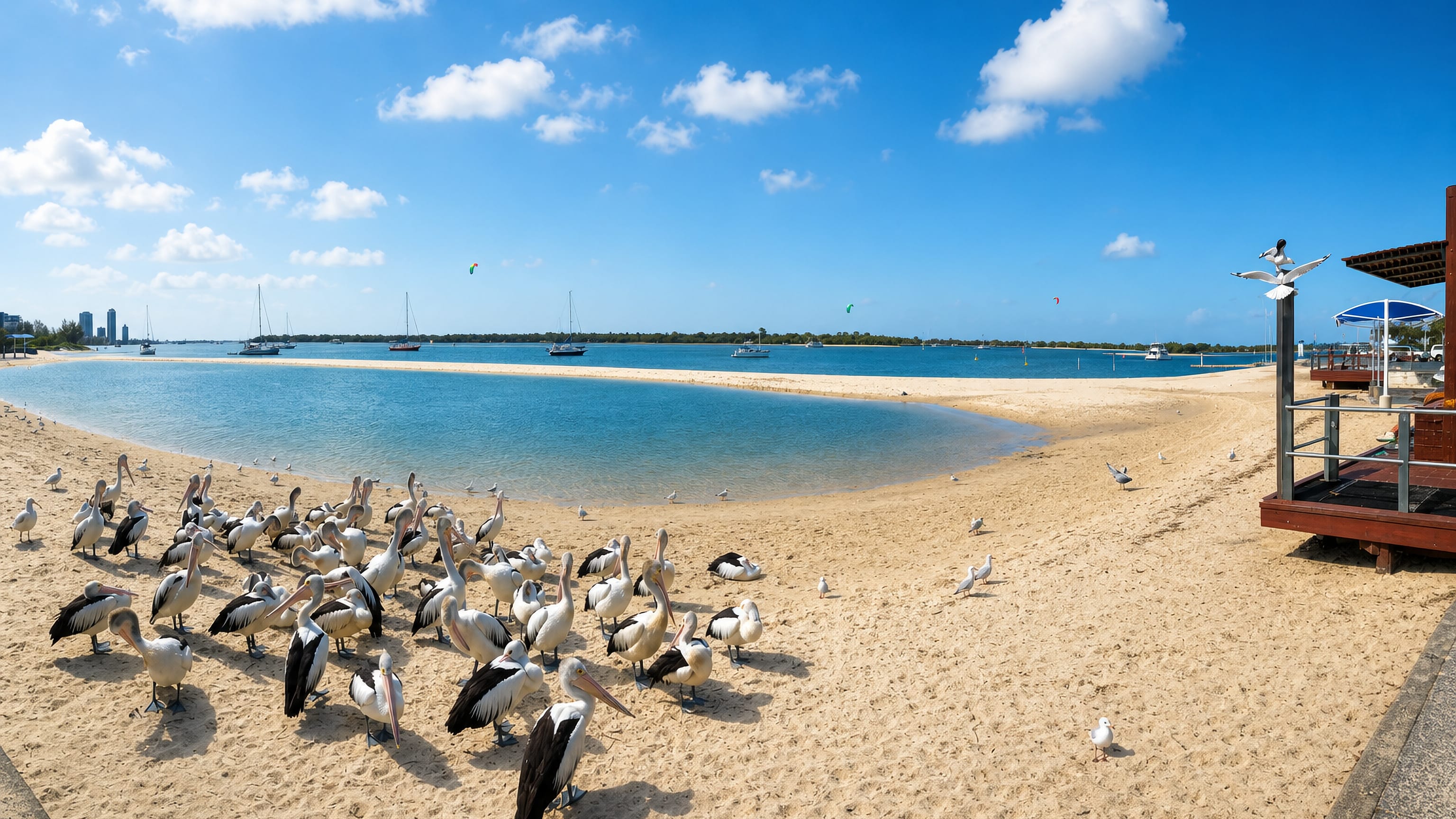 Pelicans on the sand at Labrador, Gold Coast, with the Broadwater sandbar, moored yachts and distant towers.