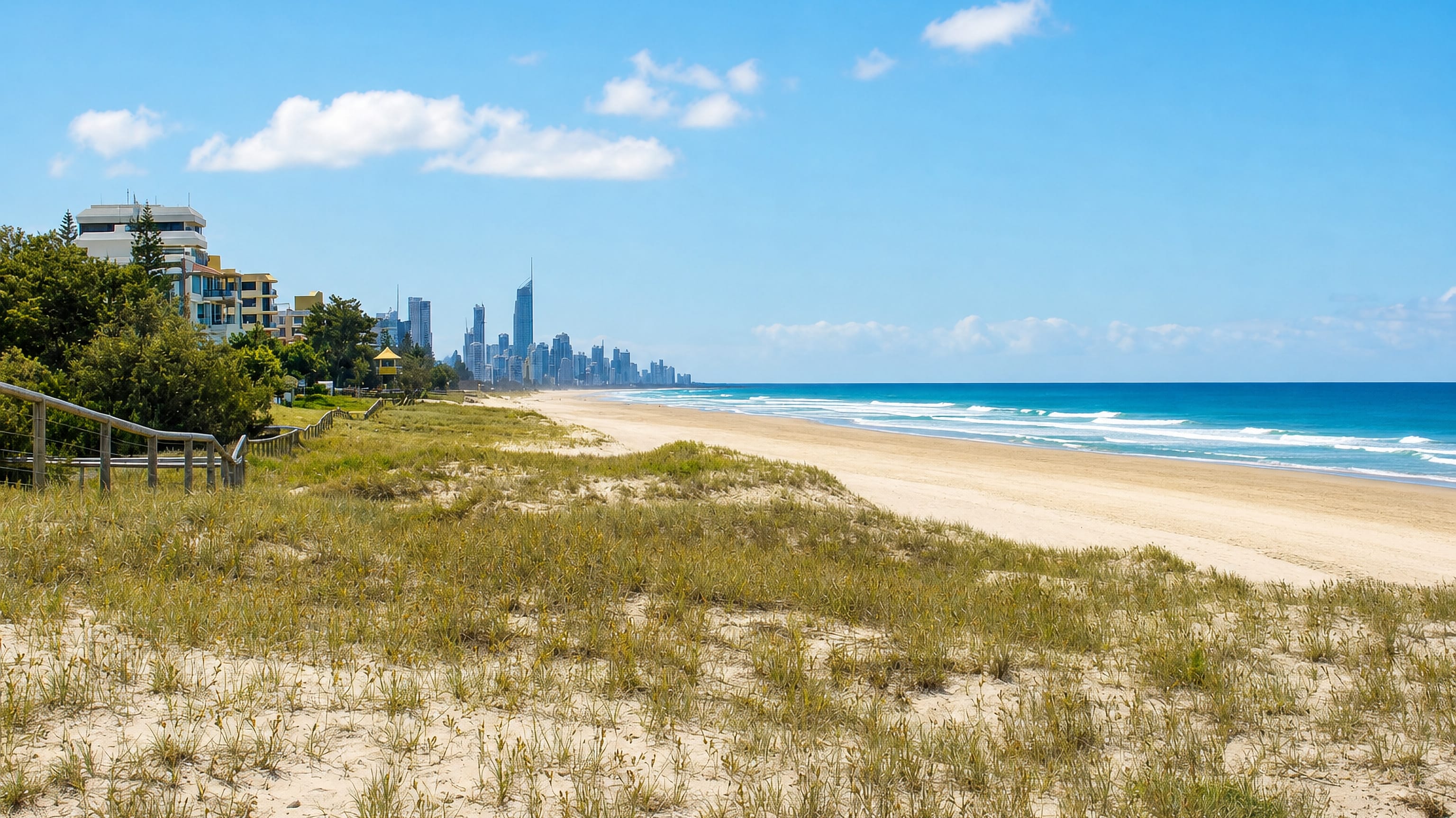 Dune-backed beach at Miami on the Gold Coast, with the Surfers Paradise skyline on the horizon.