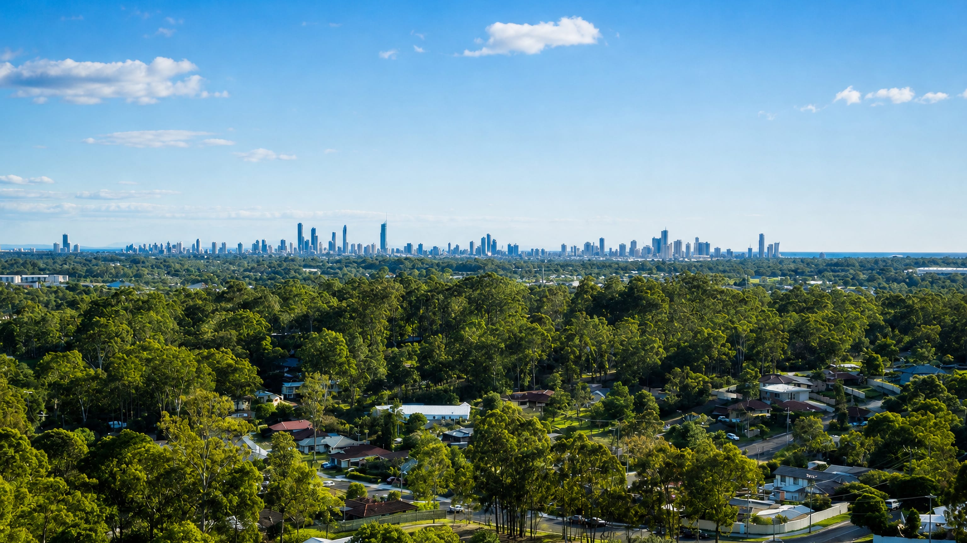 Leafy suburban streets of Mudgeeraba with the Gold Coast high-rise skyline and ocean on the horizon