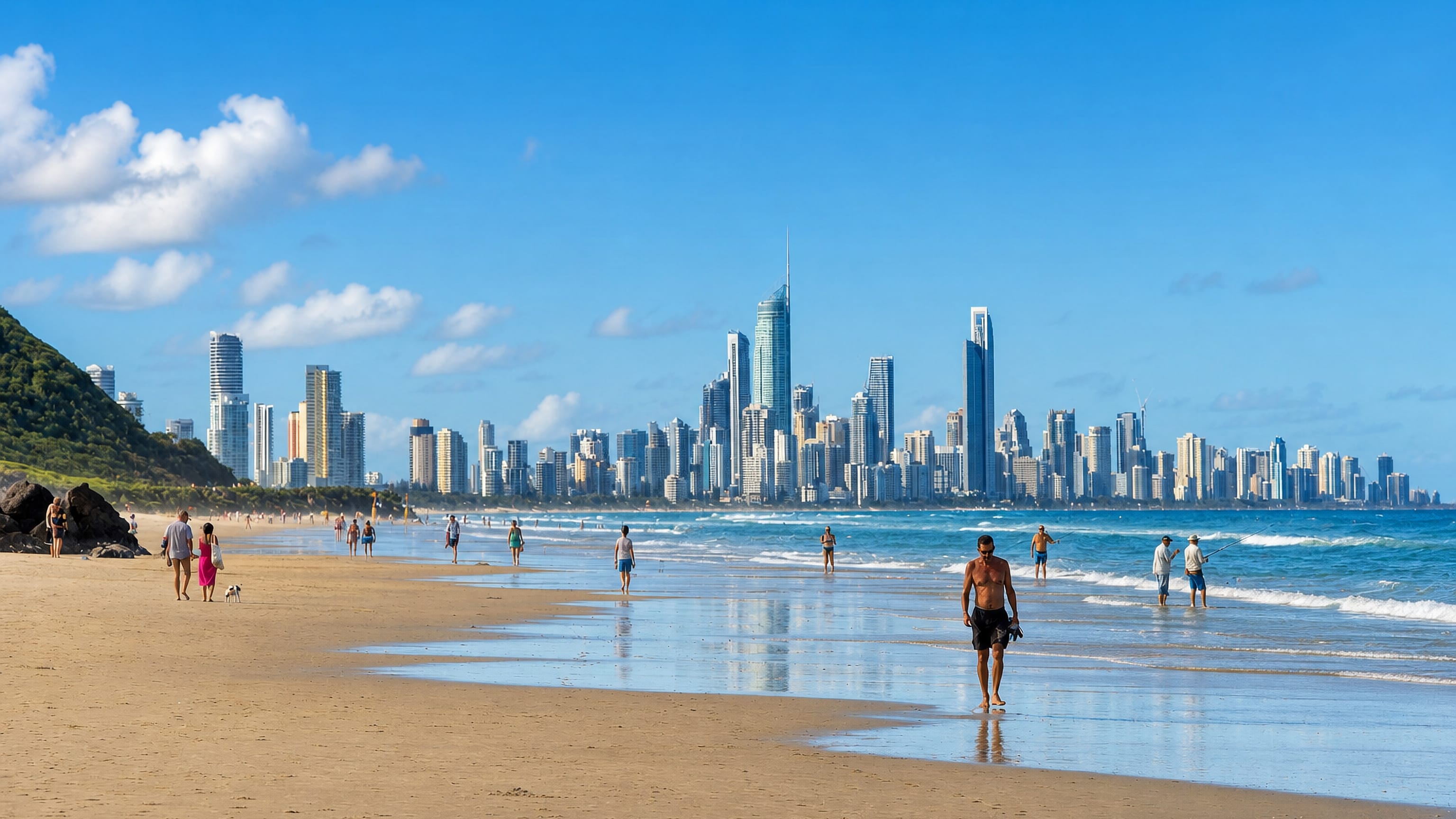 Palm Beach sands on the Gold Coast looking north to the Surfers Paradise skyline past Burleigh headland