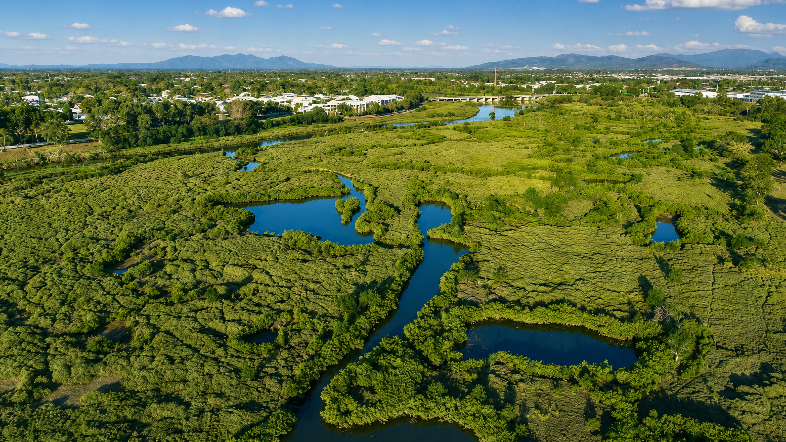 Ross River wetlands winding past the low-rise suburb of Annandale, Townsville, with ranges beyond